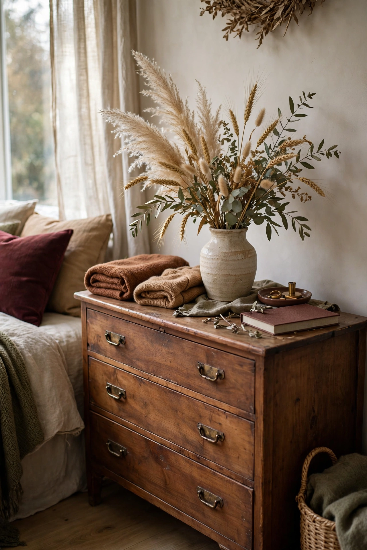 Dried pampas grass, wheat, and eucalyptus stems in a ceramic vase on a wooden dresser.