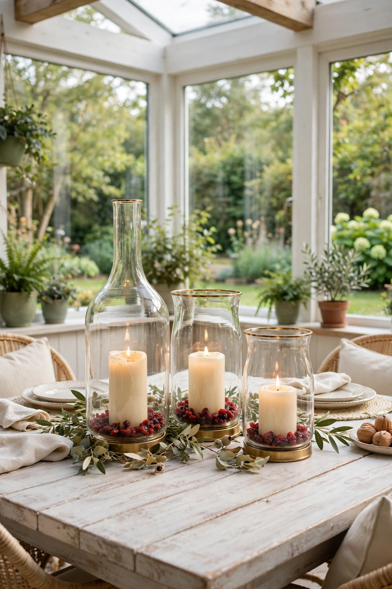 Bright dining room with glass hurricane lanterns holding pillar candles and wheat at the base on the Thanksgiving table.