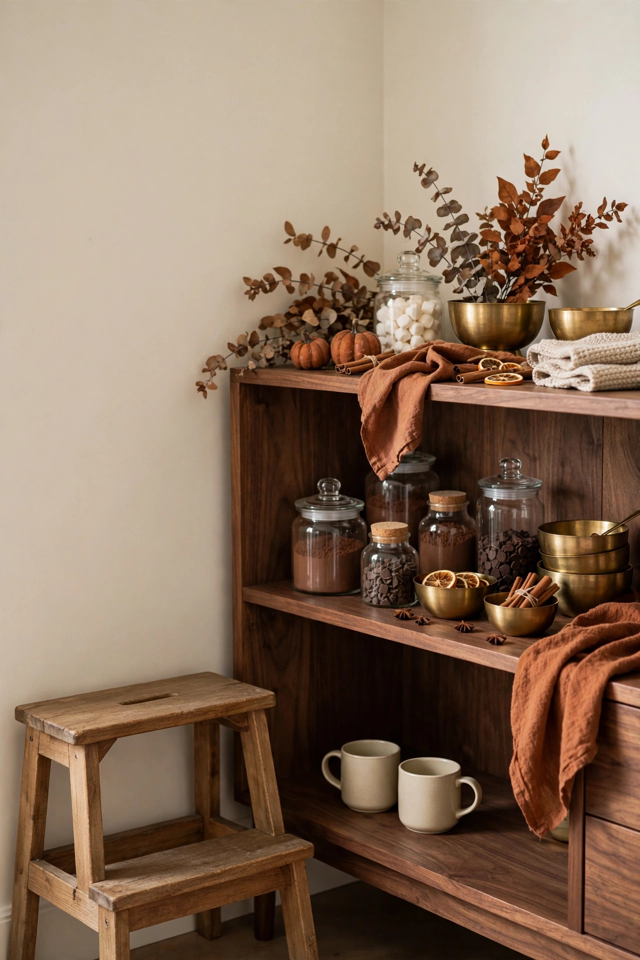 Kid friendly coffee bar corner with a wood step stool and a low shelf of unbreakable mugs.