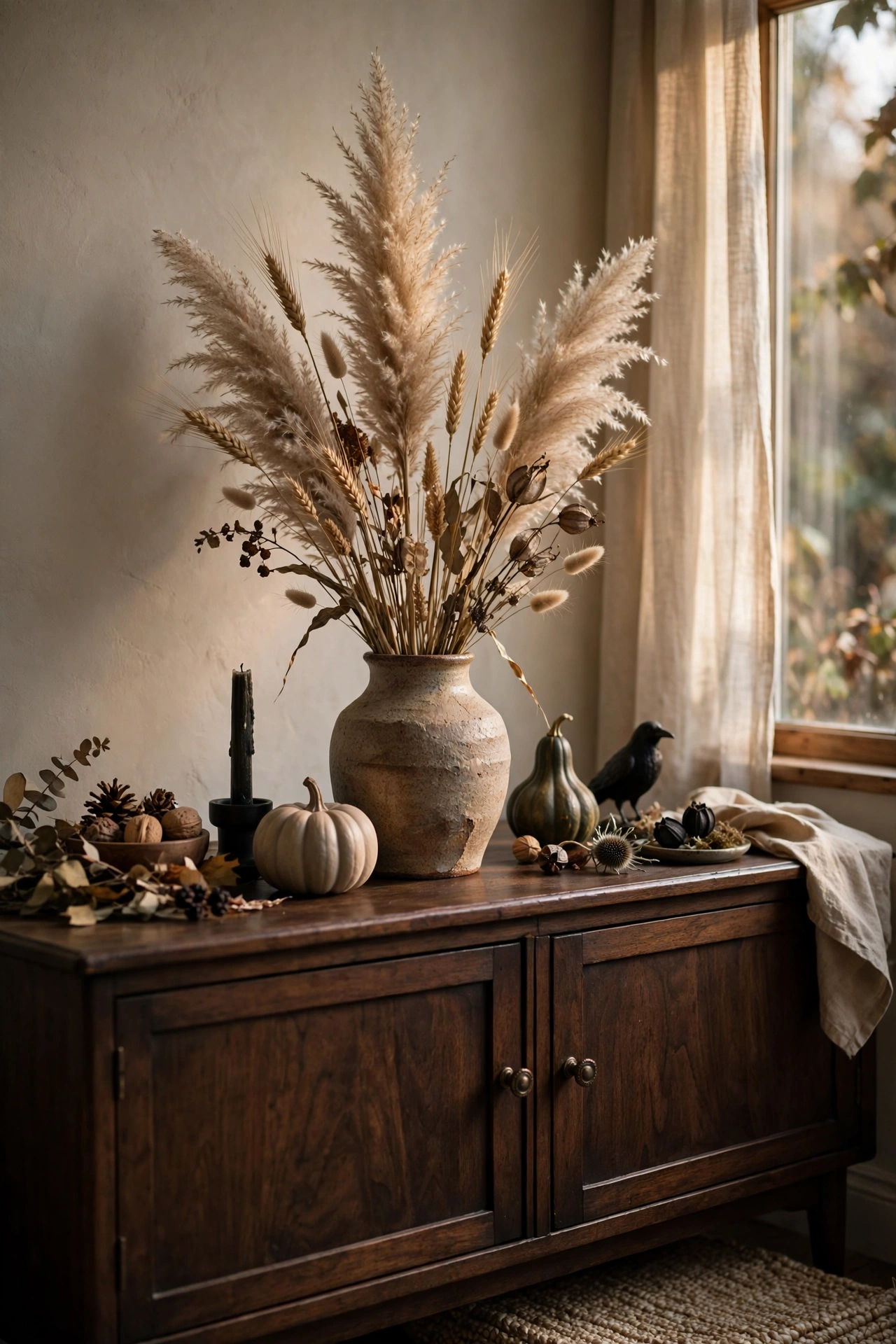 Tall pampas grass and wheat stems in a stoneware vase beside a fireplace.