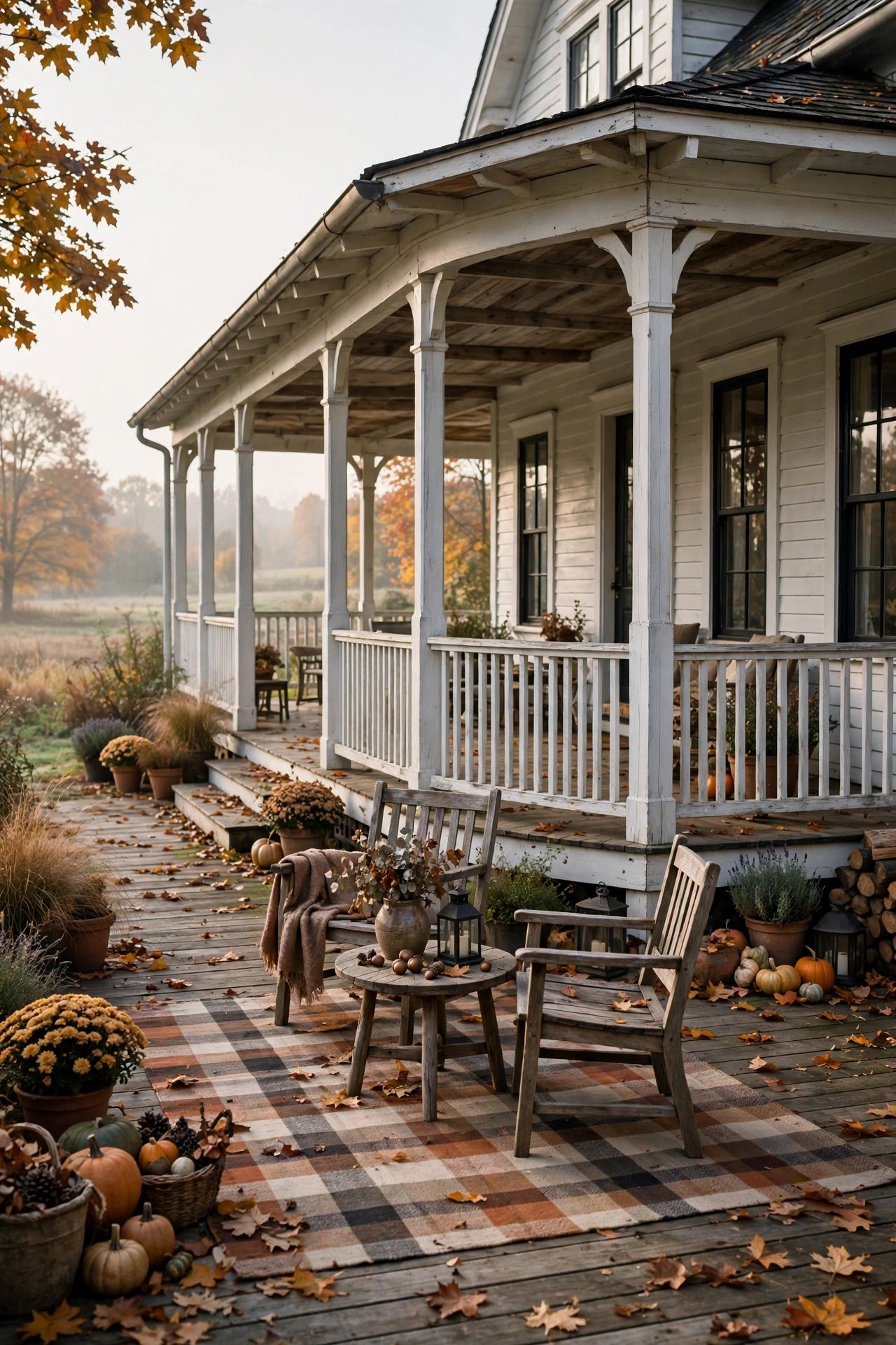 Wraparound farmhouse porch with a muted plaid rug in rust, oatmeal and charcoal anchoring the seating area.