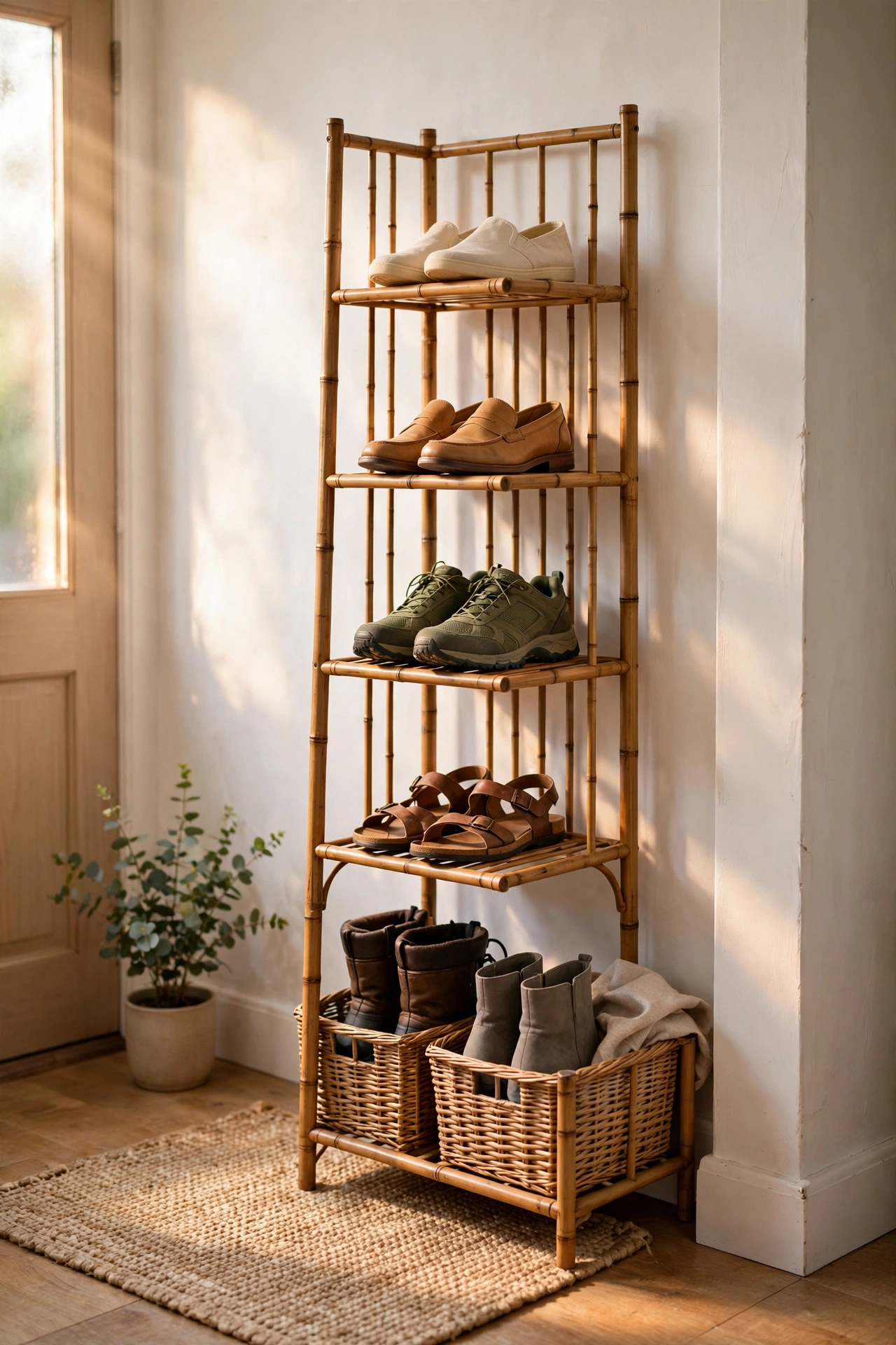 Slim vertical shoe shelf with seasonal shoes, baskets for out of season pairs below
