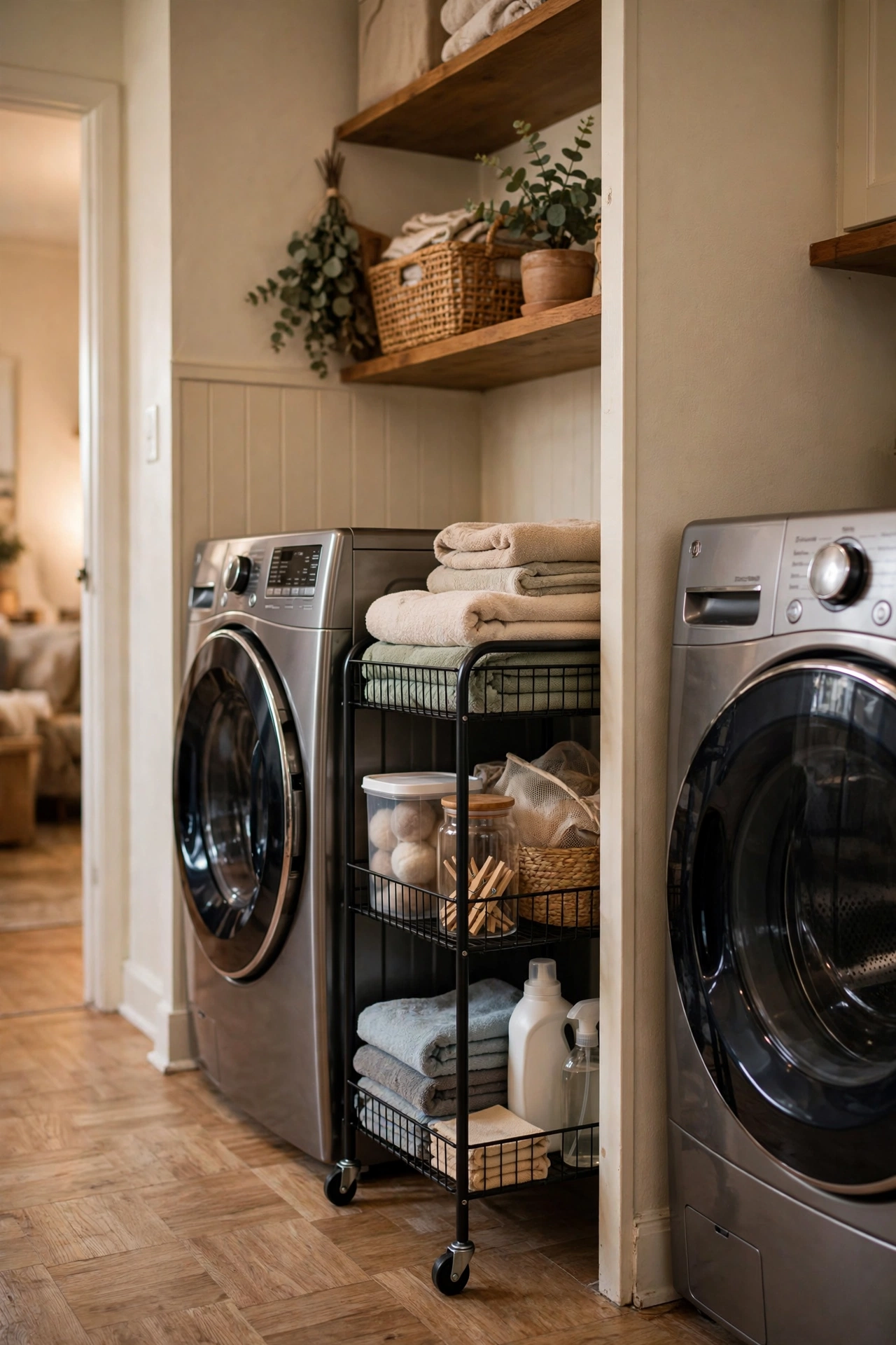 Slim white rolling cart slid into the narrow gap between a washer and dryer holding detergent bottles