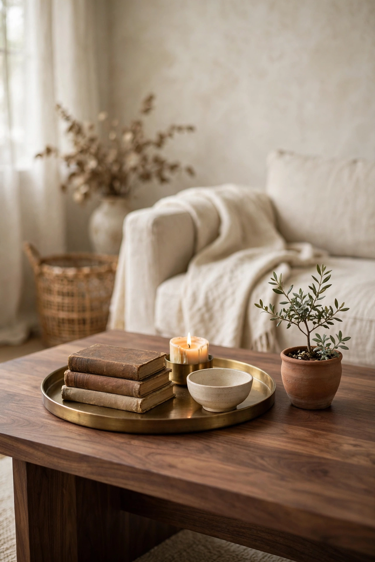 Walnut coffee table styled with a brass tray, vintage books, a candle, and a small clay pot plant.