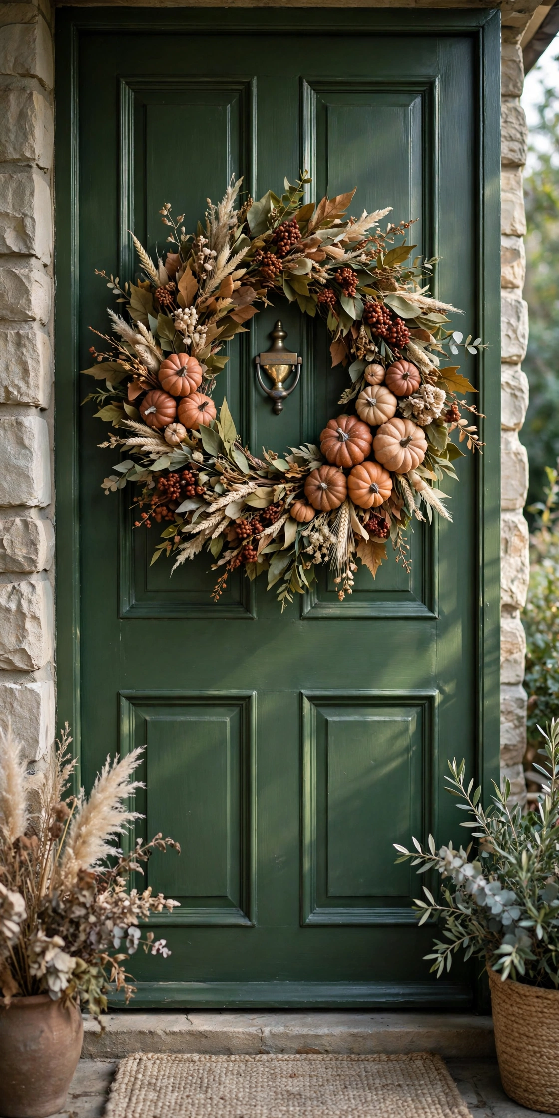 Mini pumpkin and dried leaf wreath on a front door