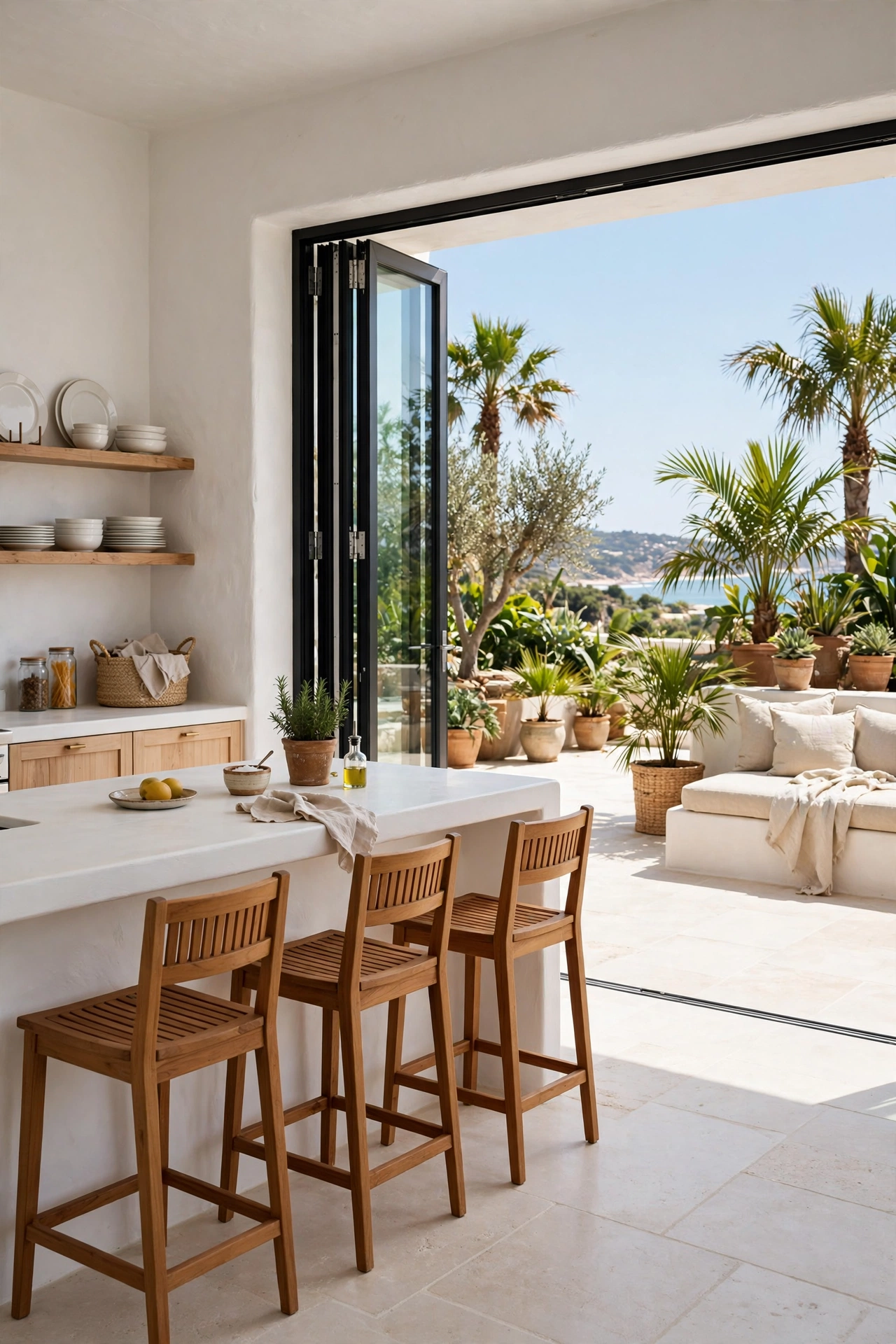 Indoor outdoor kitchen with folding glass doors open to a sunny patio with palms and lounge seating.