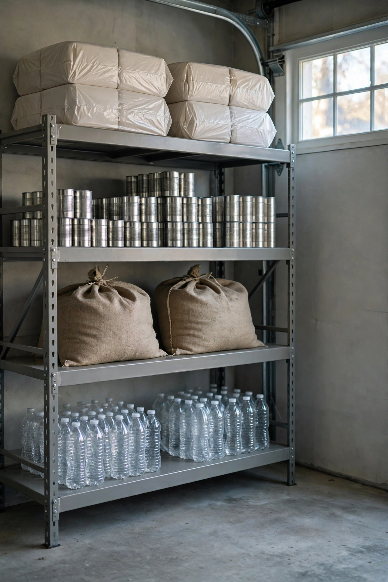 Labeled backstock bin on a high pantry shelf holding bulk buys and multipacks