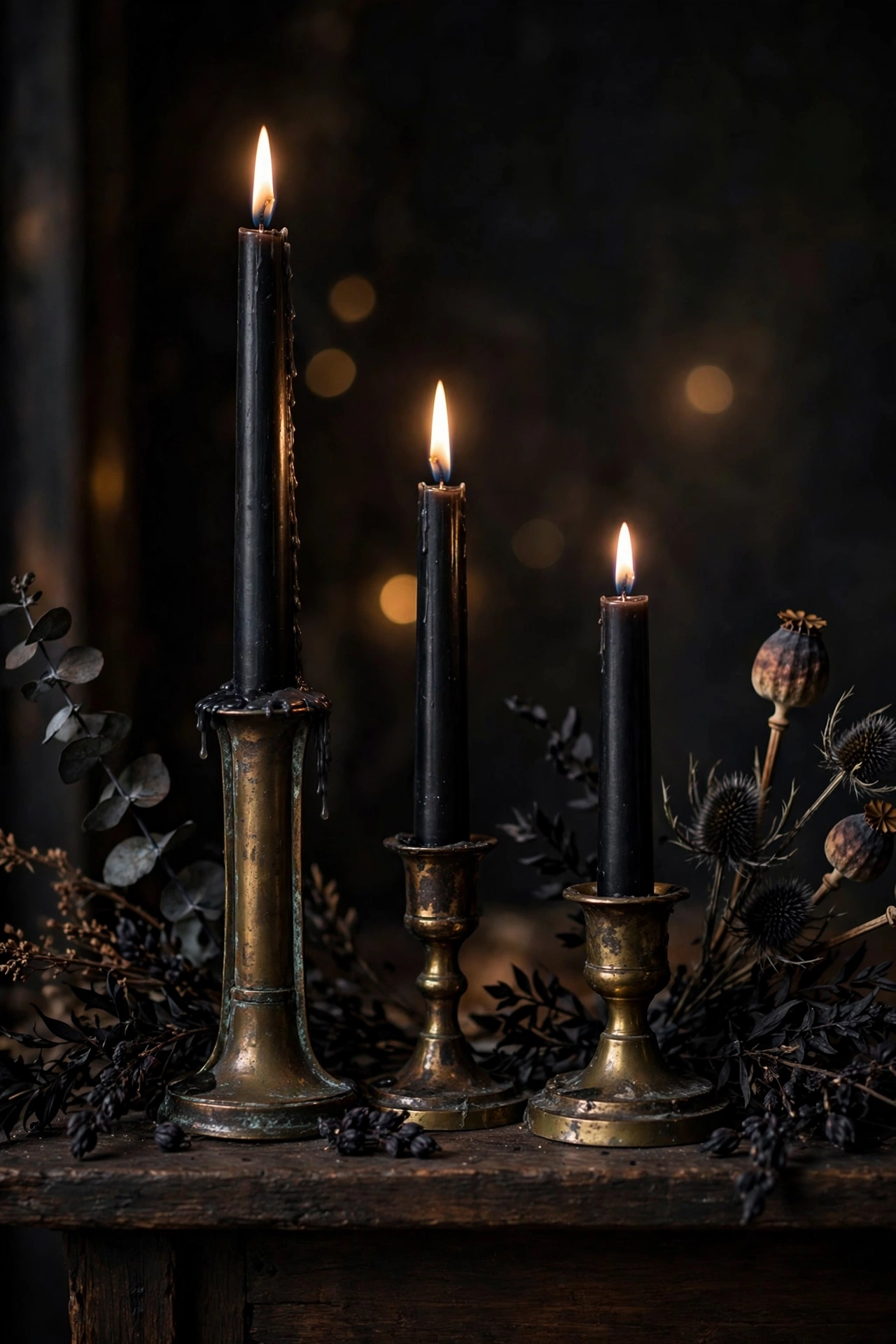 Black taper candles burning in tarnished brass holders on a dark wood table.