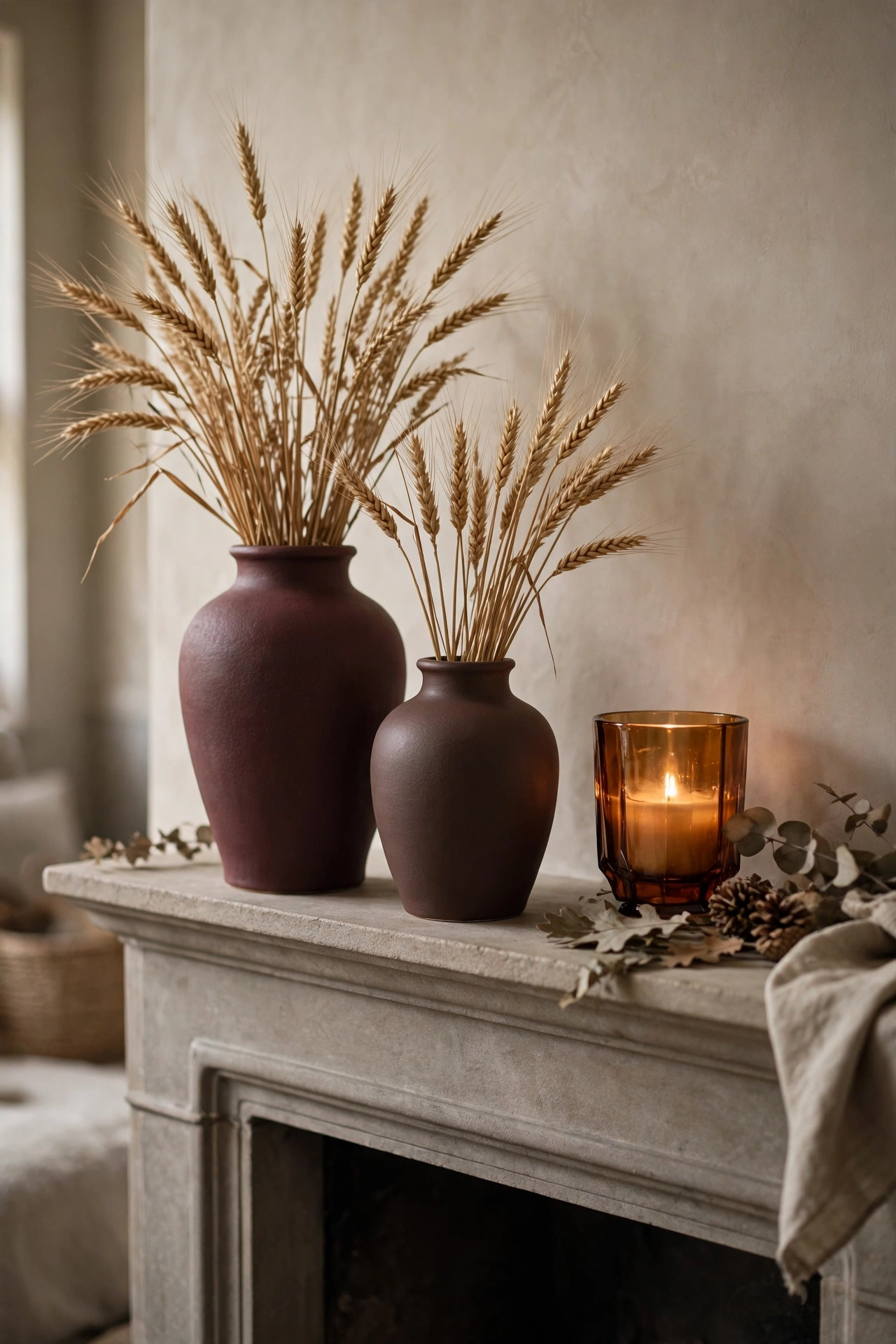 Trio of matte ceramic vases in oatmeal, camel and rust tones grouped on a fall mantel.