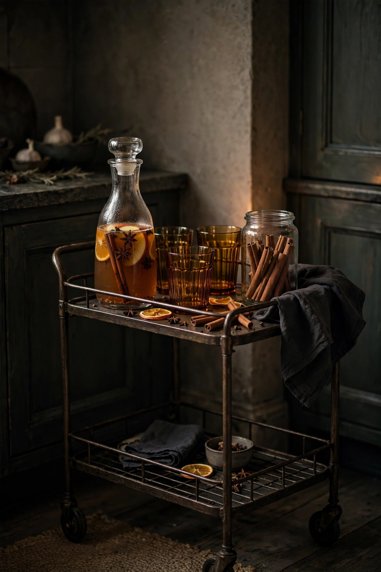 A small bar cart in a kitchen corner loaded with spiced cider, amber glasses and cinnamon sticks.
