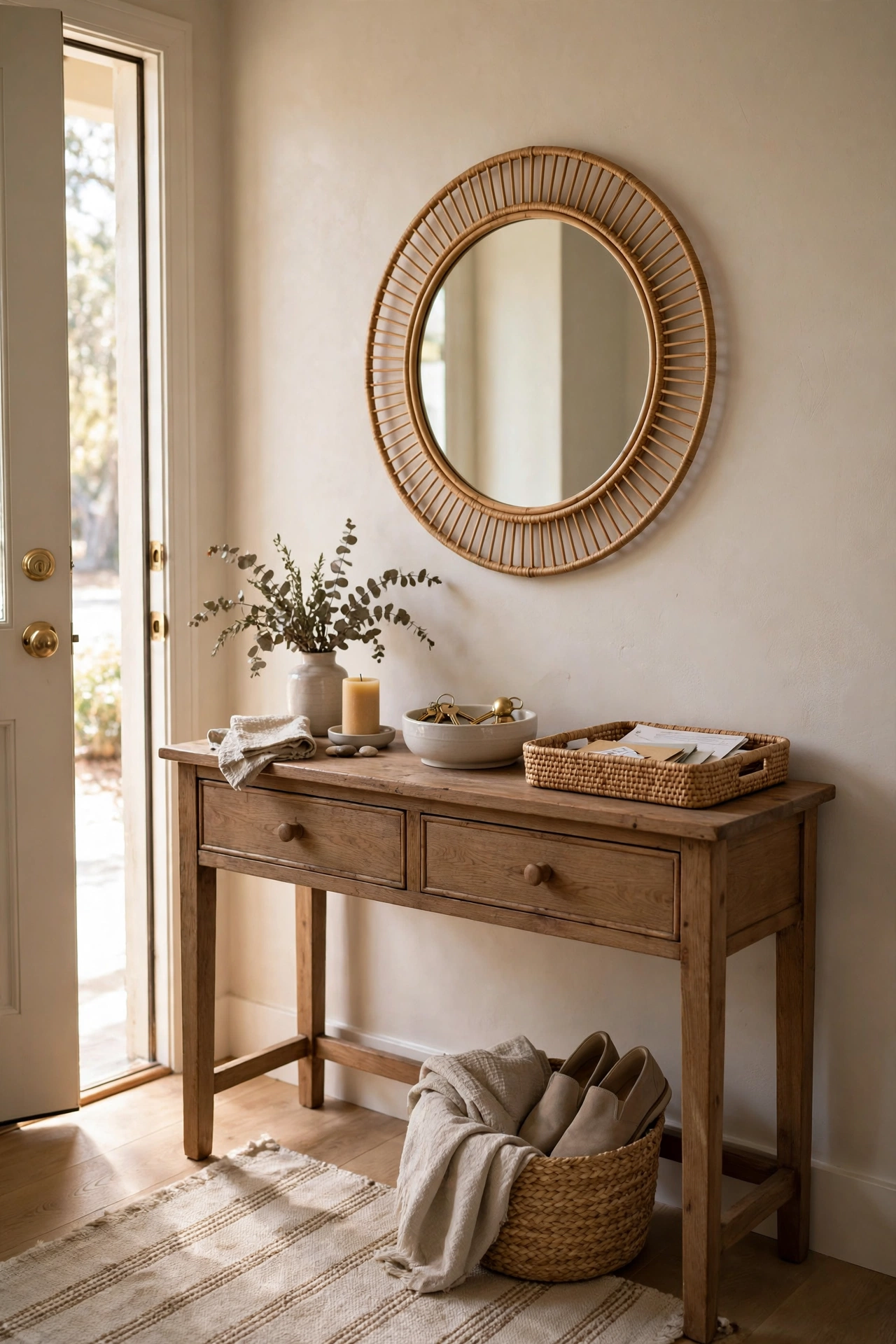 Front entry console table with a key bowl, mail tray, and a mirror above
