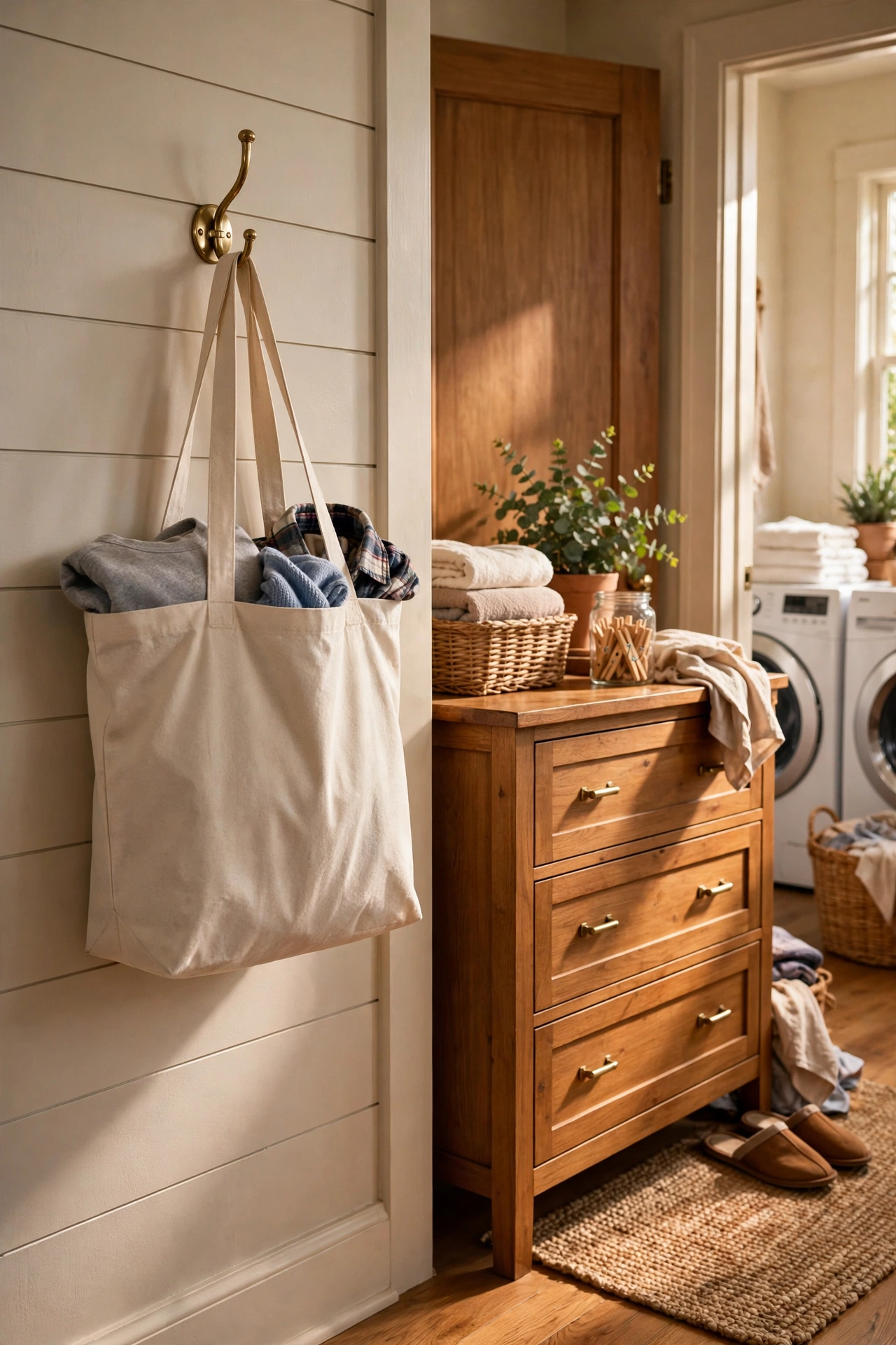 Canvas donation bag hanging by the laundry room door next to a small wooden bench
