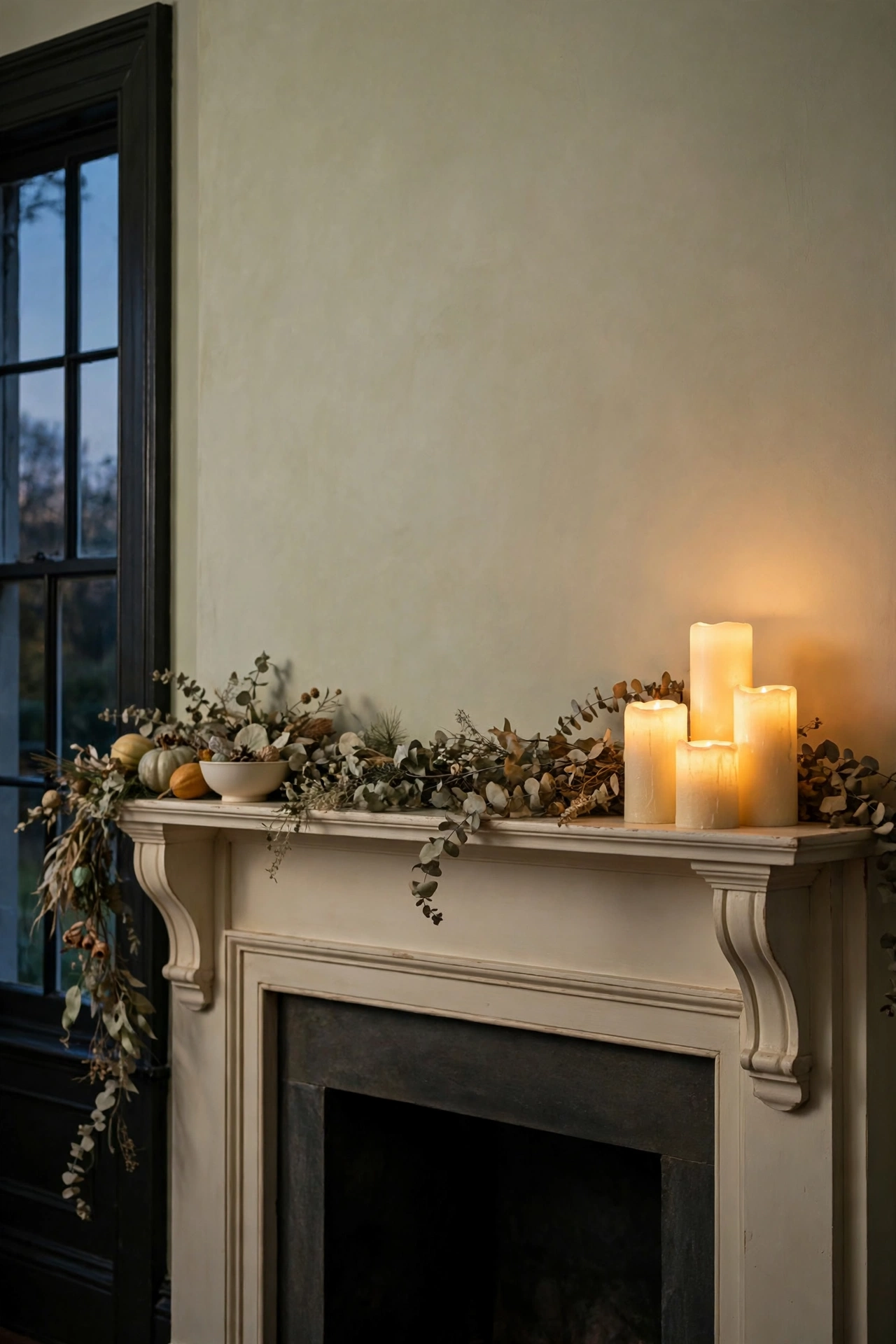 Fireplace mantel with clustered glowing flameless pillar candles and a dried eucalyptus garland at dusk.