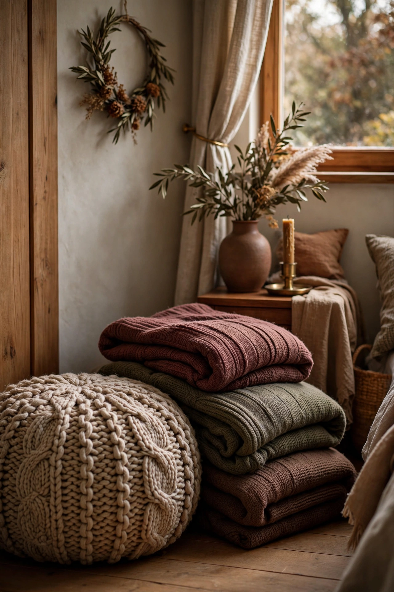 Chunky knit pouf with folded knit blankets in a warm, softly lit bedroom corner.