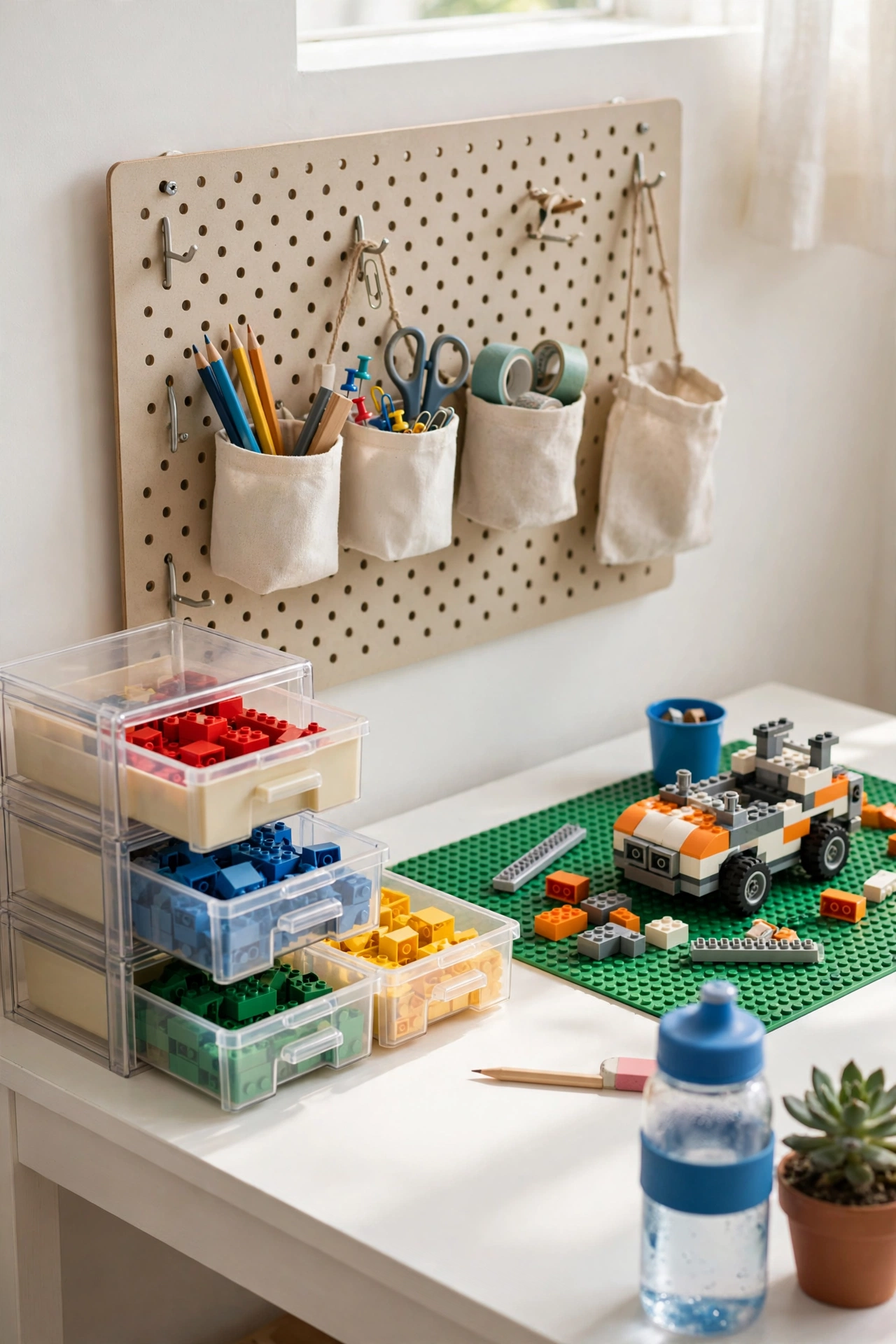 Kids desk area with small stackable drawer sorters of LEGO bricks sorted by color and a half built LEGO set.