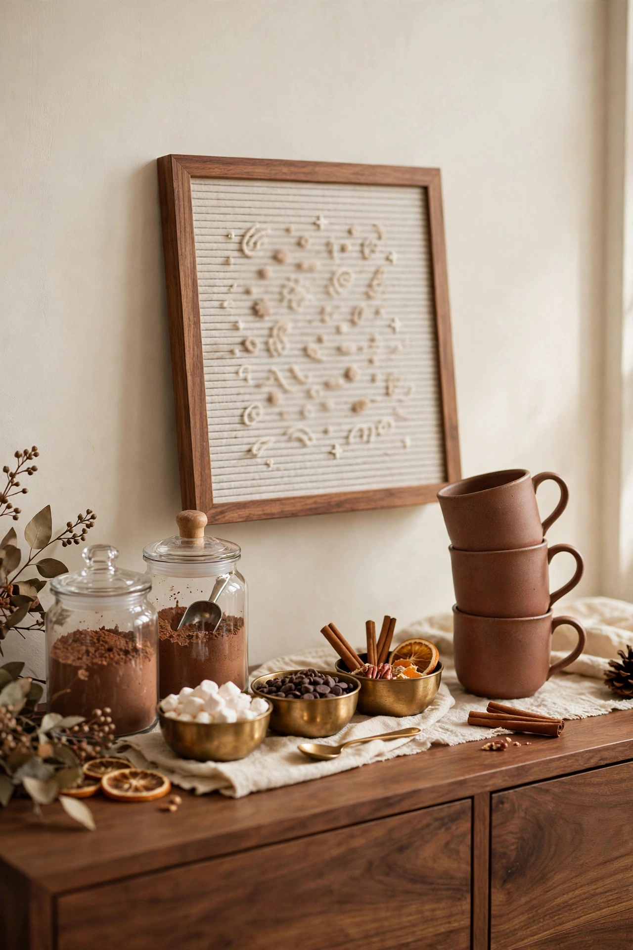 Small letter board menu leaning against the wall behind cocoa jars on a coffee bar.