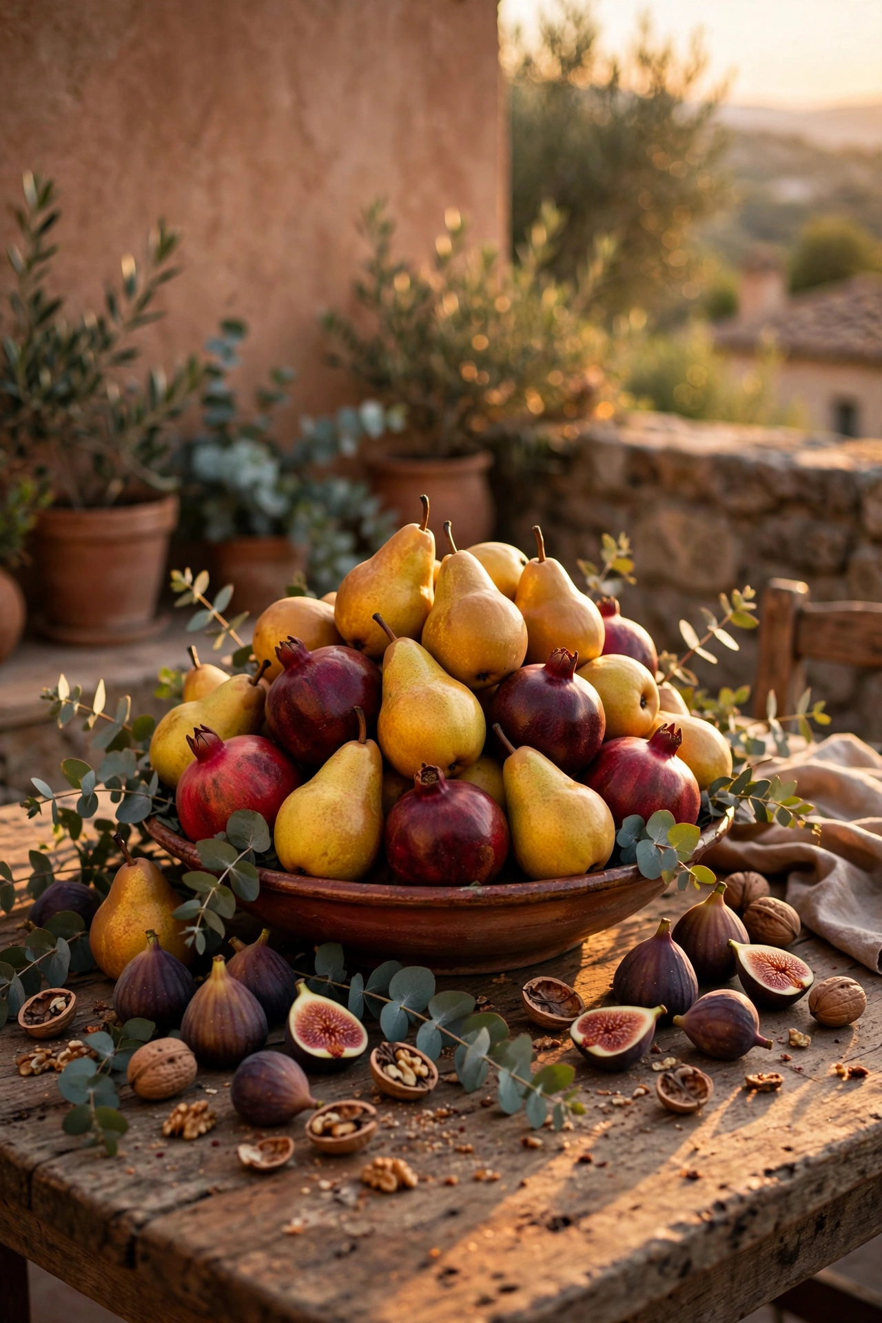 Mediterranean terrace dining table with a wide bowl heaped with pears and pomegranates at golden hour.