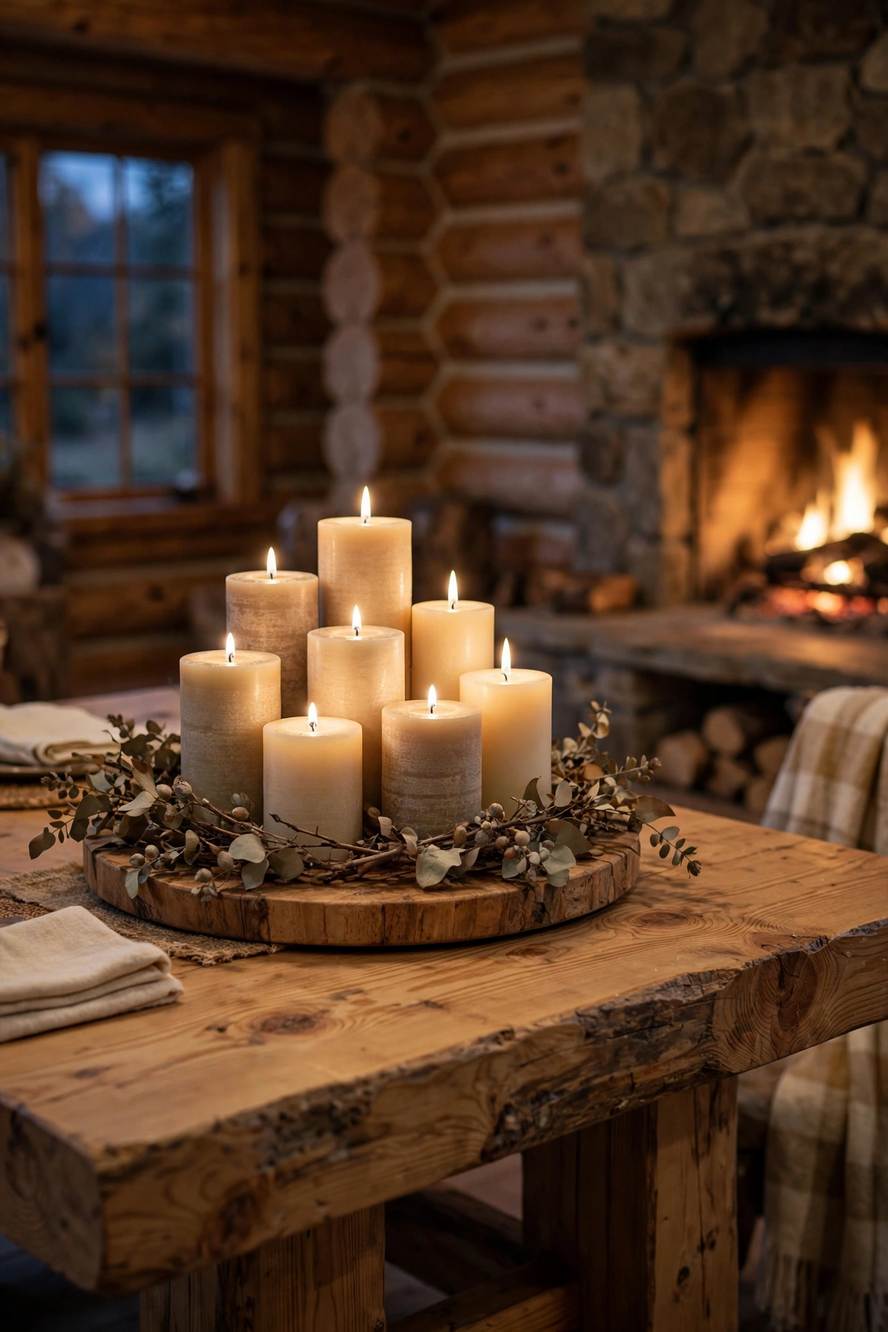 Warm kitchen dining space with a cluster of cream pillar candles on a round wood board as the Thanksgiving centerpiece.