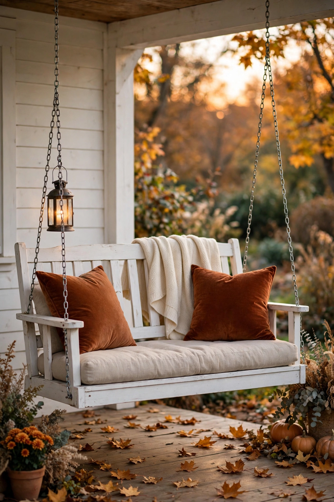 White porch swing with oatmeal cushions, rust velvet pillows, a cream throw and a small lantern hanging from the chain.