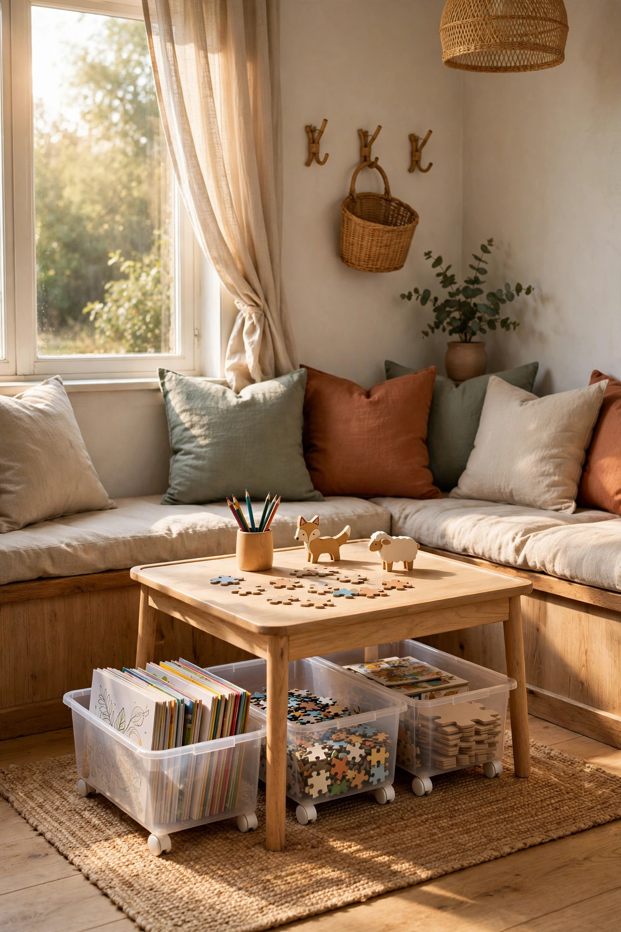 Dining nook with a kids activity table and shallow rolling bins of coloring books underneath.