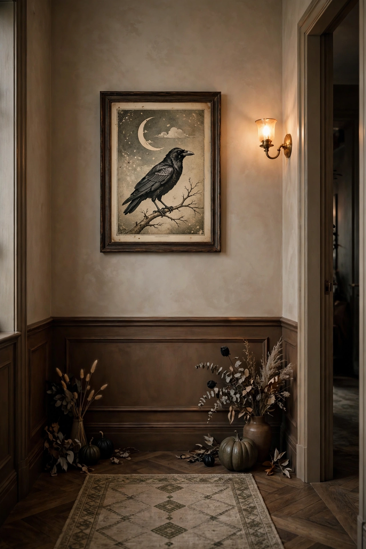 Framed vintage style print of a crow under a crescent moon in a dark hallway.