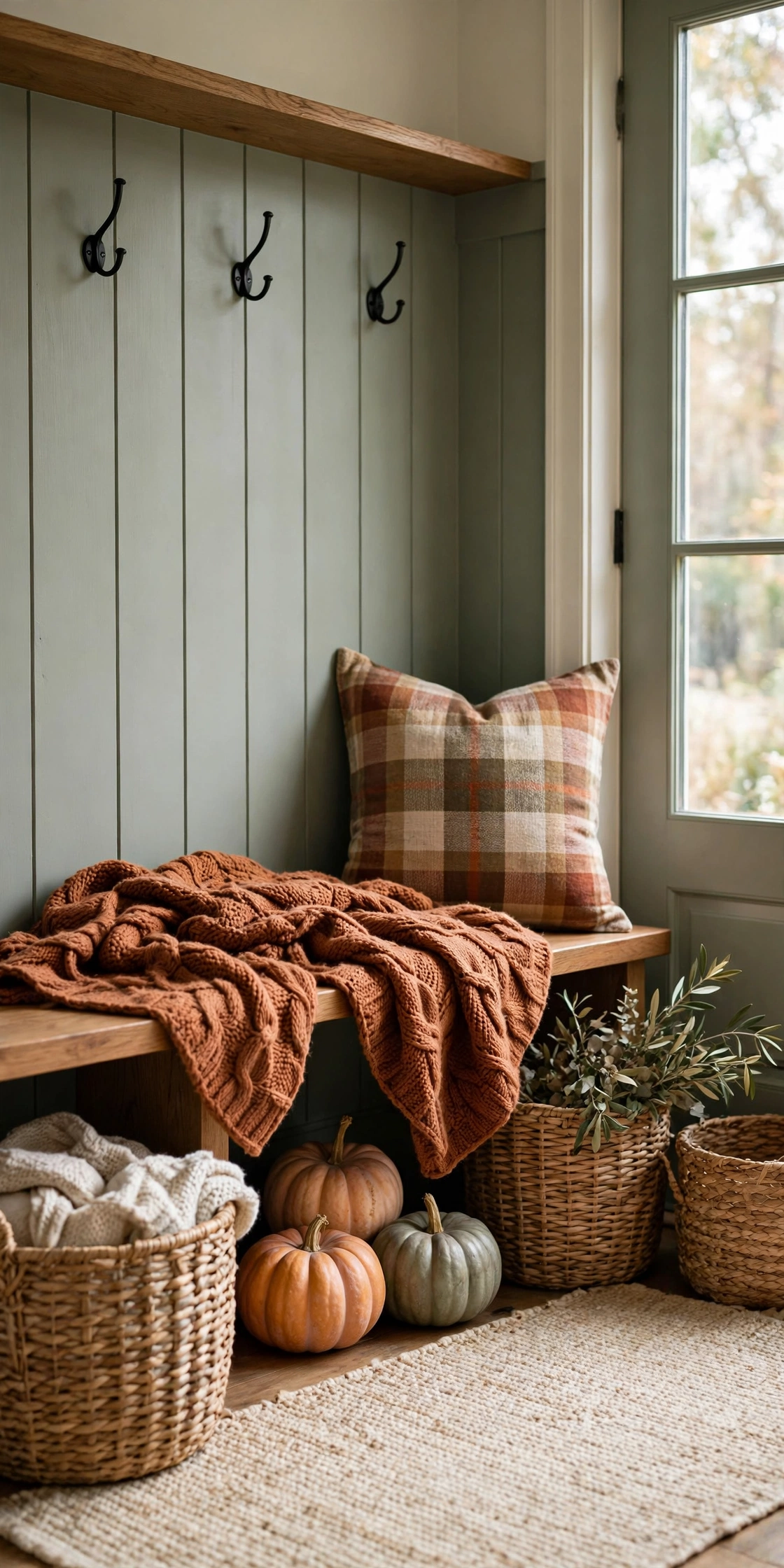 Chunky knit throw and pumpkins layered on a mudroom bench