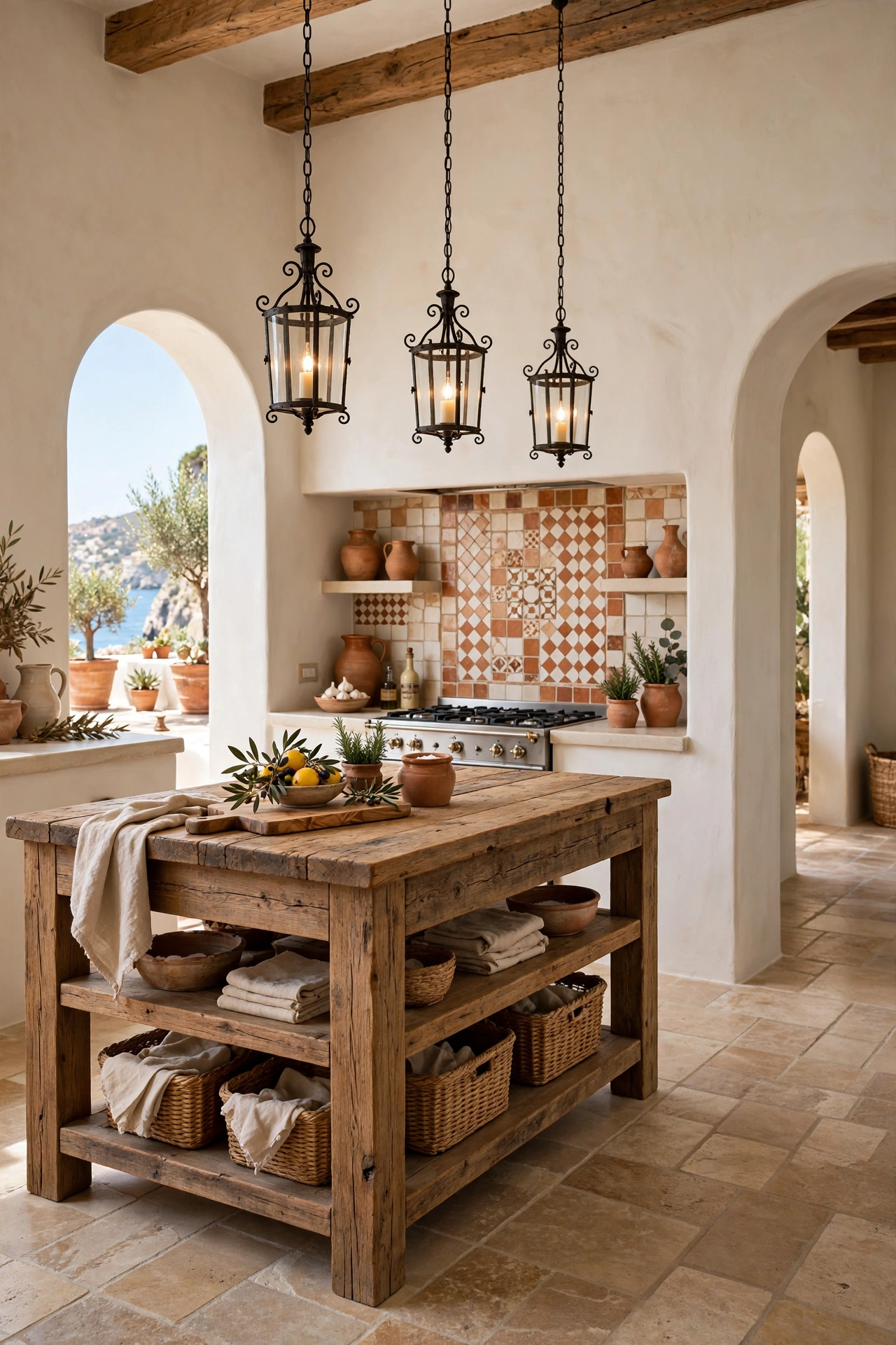 Mediterranean coastal kitchen with arched doorways, limewashed walls and terracotta tile backsplash.