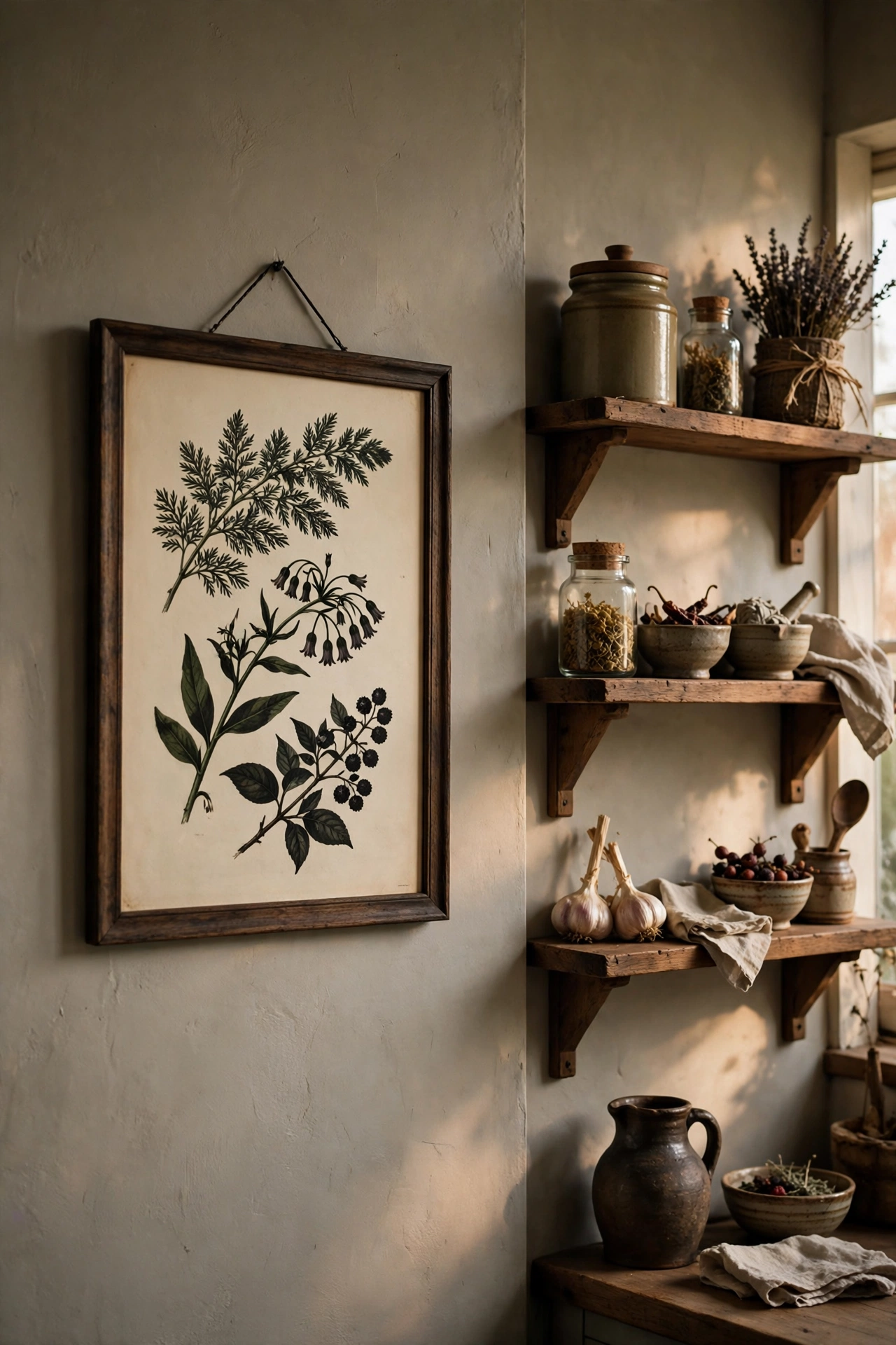 A framed vintage botanical print of dark apothecary herbs hanging on a kitchen wall.
