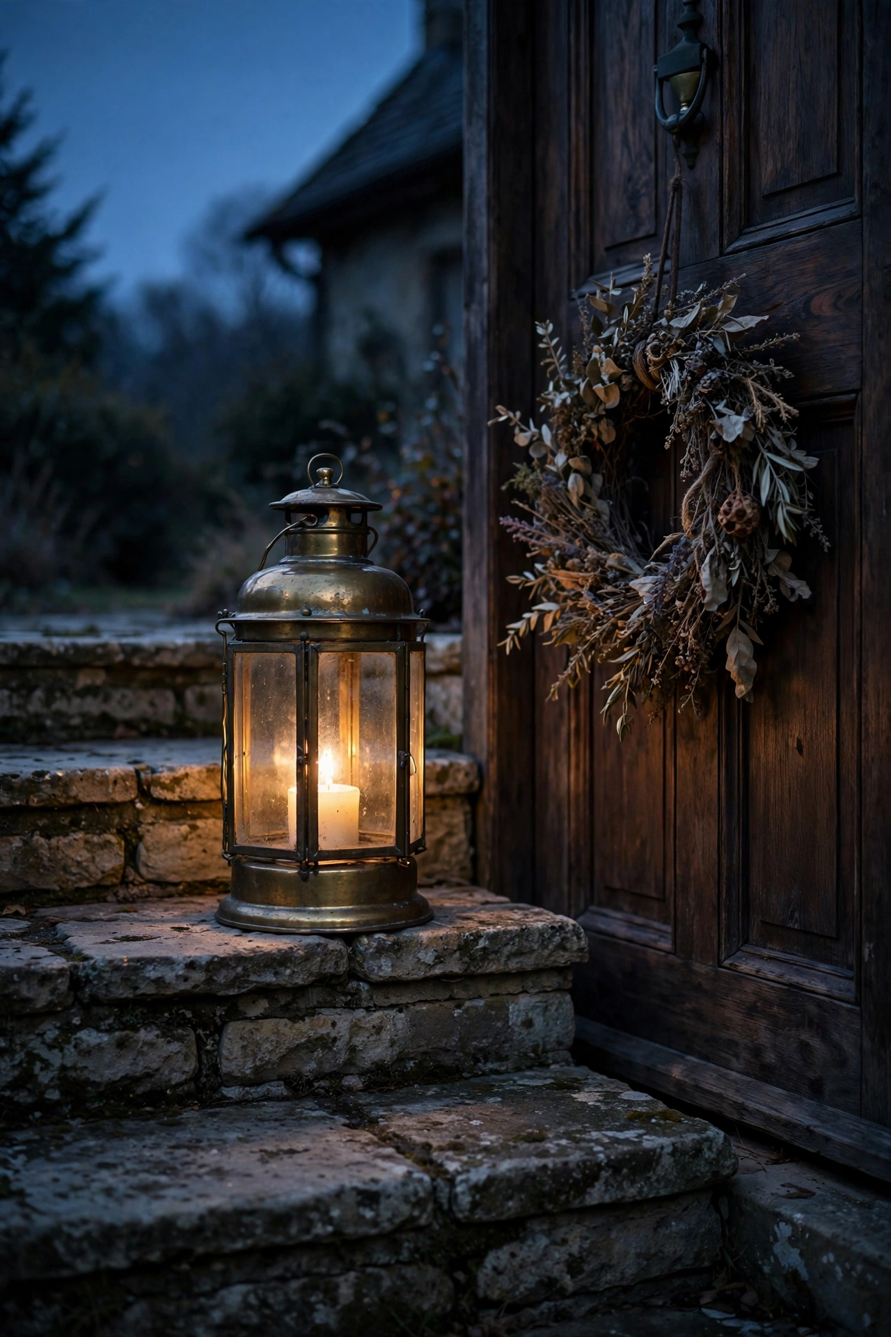 Old brass lantern glowing warmly beside a front door decorated with dried foliage.
