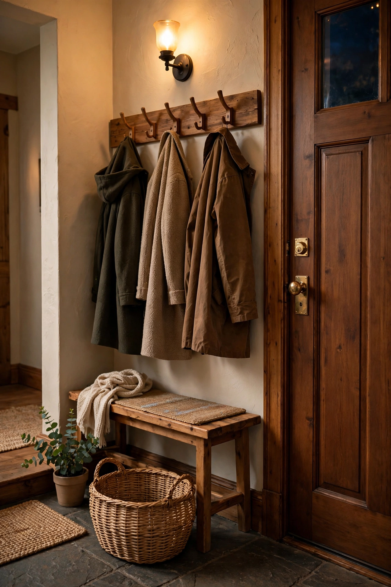 Entryway with a woven donation basket by the front door and coats on hooks above.