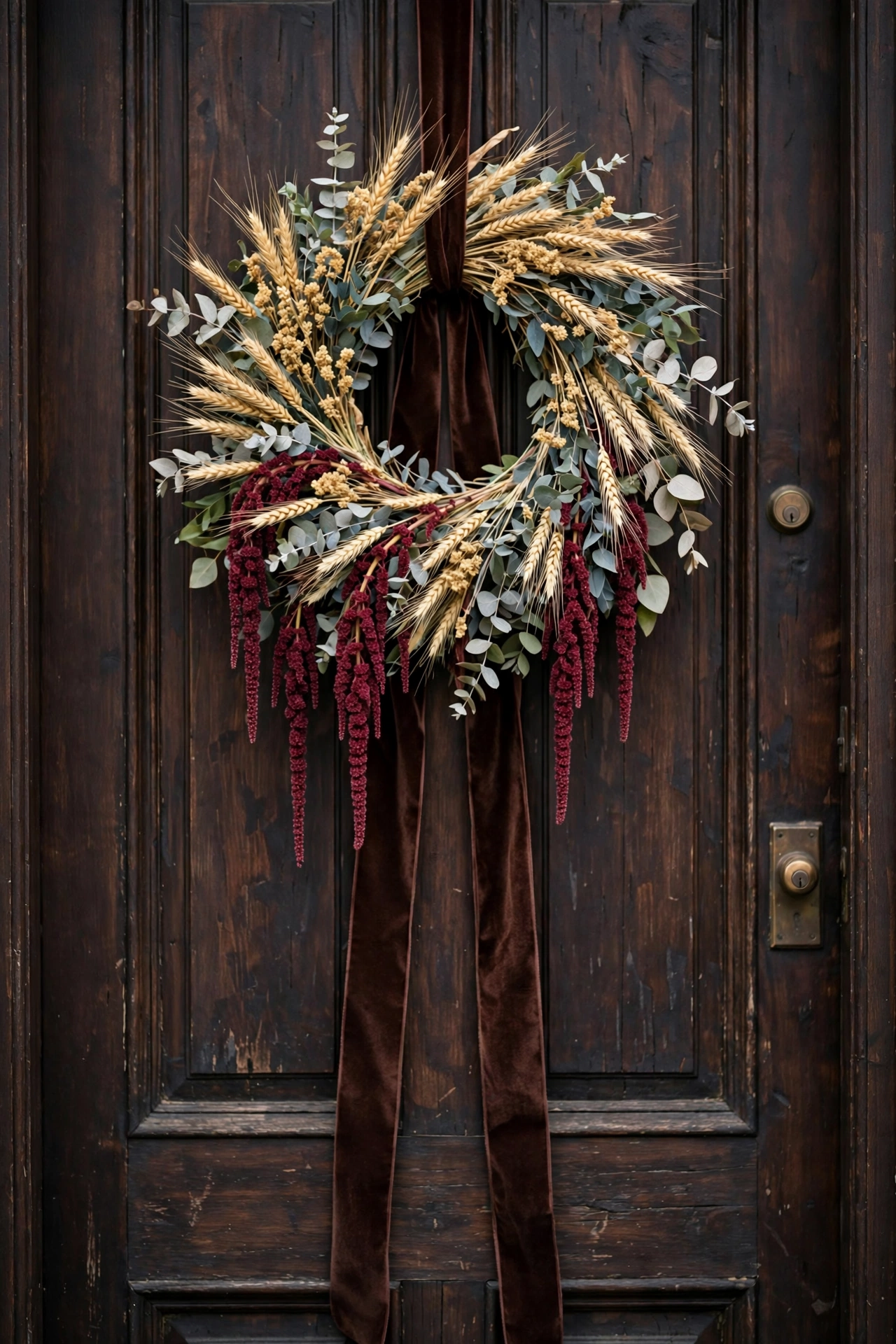 Dark wood front door with a dried botanical wreath of wheat, burgundy amaranthus and eucalyptus hung on chocolate velvet ribbon.
