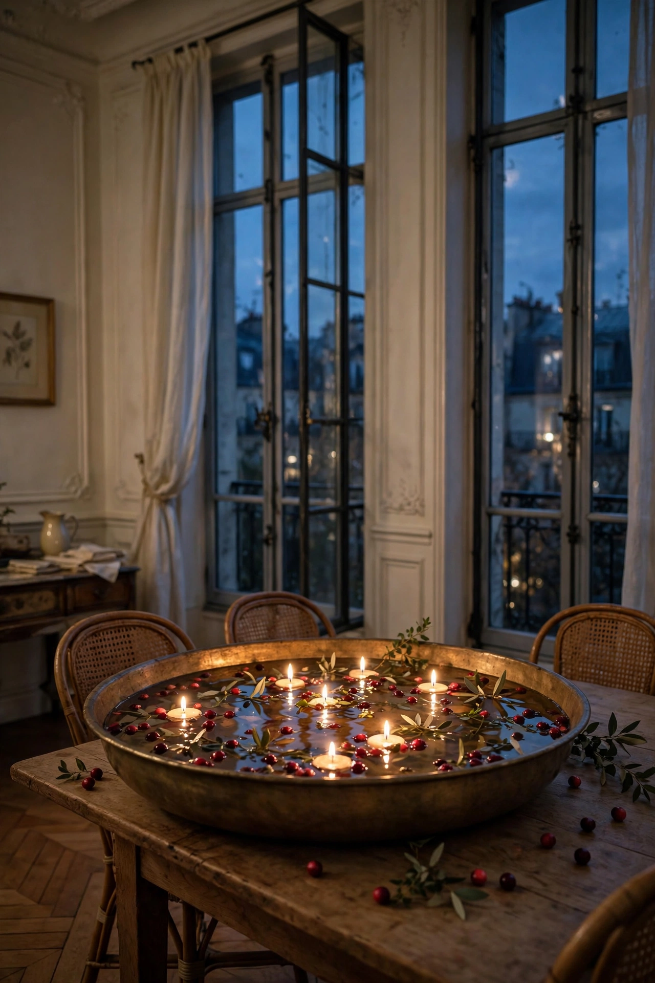 Parisian apartment dining room with a wide low bowl of floating candles and cranberries as the centerpiece.