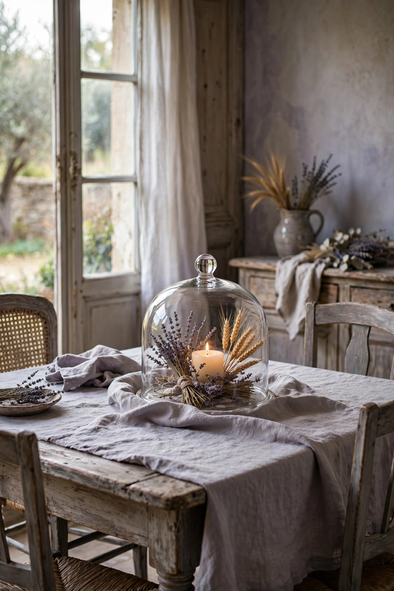 Elegant dining room with a glass cloche over a small arrangement of dried botanicals as the Thanksgiving centerpiece.