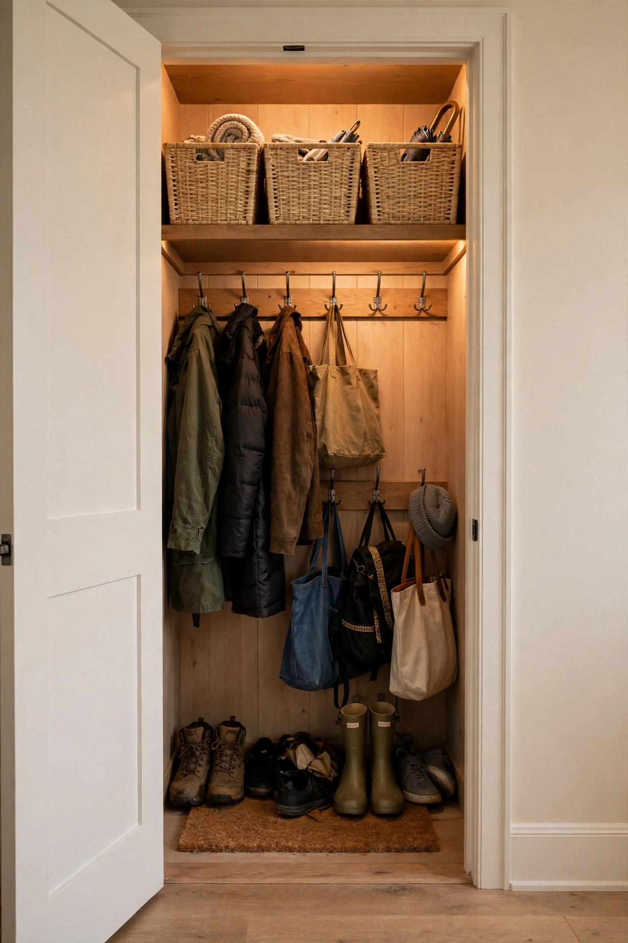 Entry closet converted to a mini mudroom with double hooks and an upper shelf