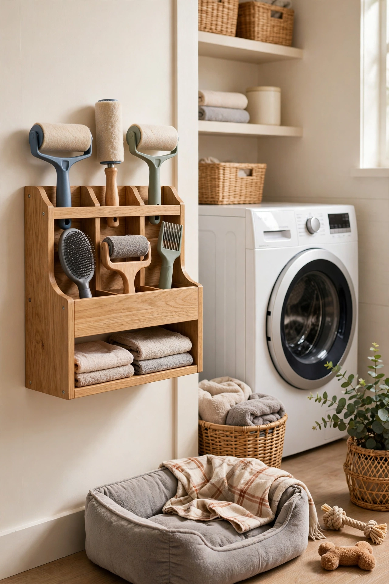 Lint roller station with a wall mounted holder, two lint rollers, and a brush beside a laundry basket