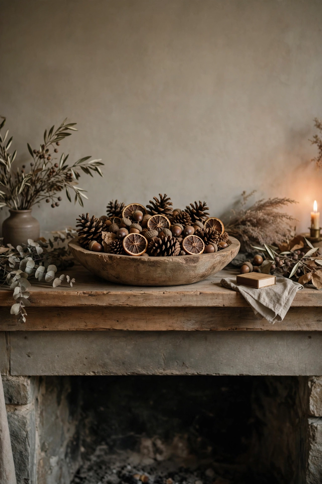 Low wooden bowl filled with pinecones and acorns on a fall mantel.