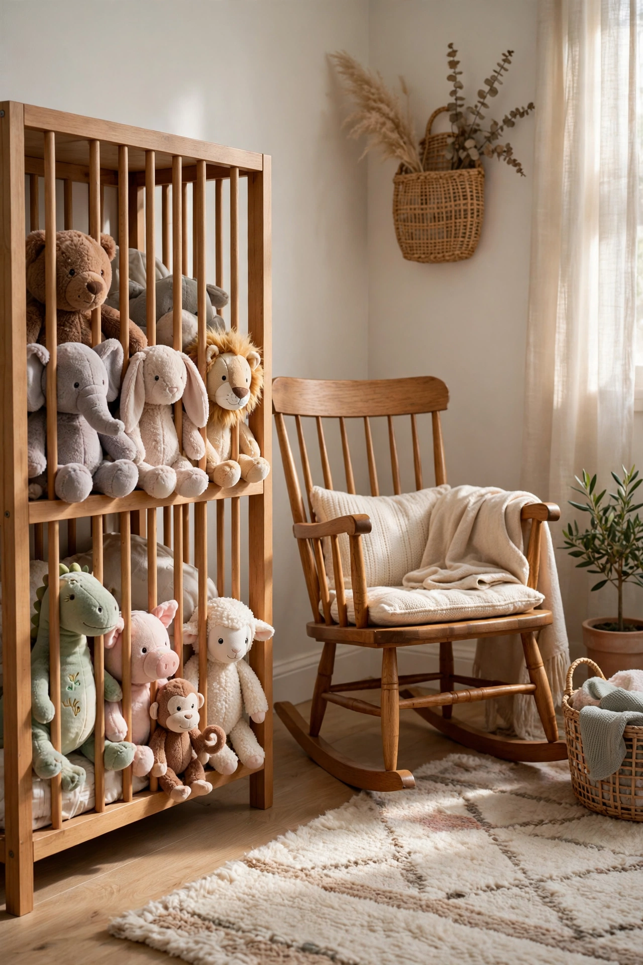 Nursery corner with a wooden stuffed animal zoo storage holding a collection of plush toys beside a rocking chair.