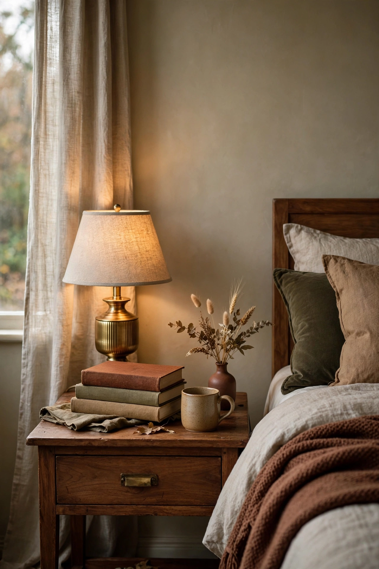 Styled wooden nightstand with books, a ceramic mug, and a bud vase of dried stems.