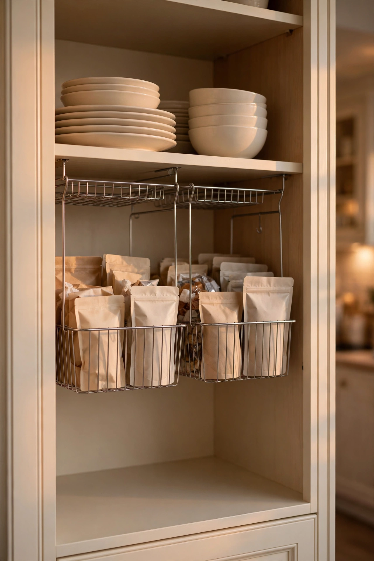 Under shelf baskets clipped to a pantry shelf holding tea bags and drink mixes