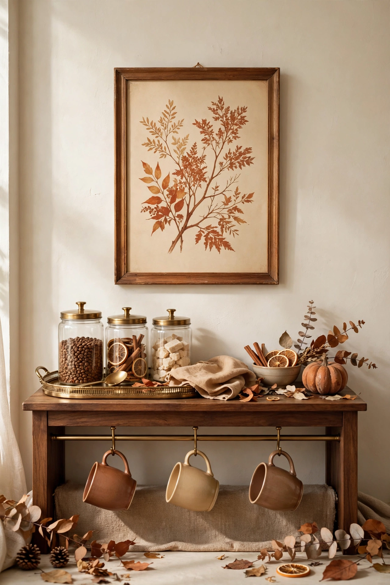 Vintage style print in a warm wood frame hanging above a fall coffee bar.