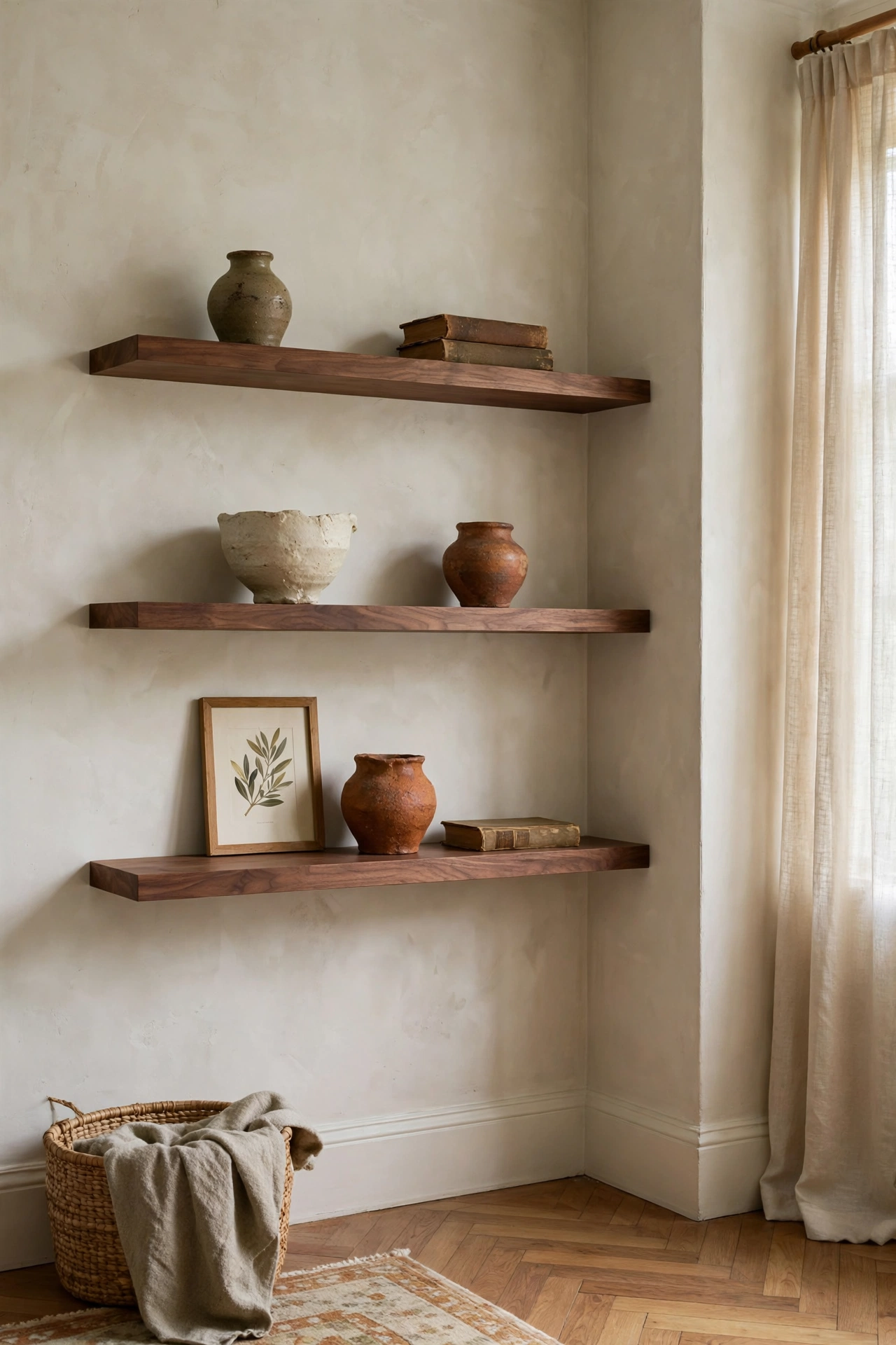 Walnut floating shelves styled with thrifted pottery in cream, rust, and olive with old books.