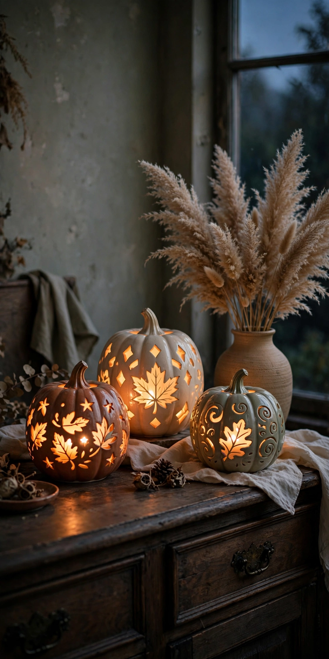 Glowing ceramic pumpkin lanterns on a dark wood sideboard