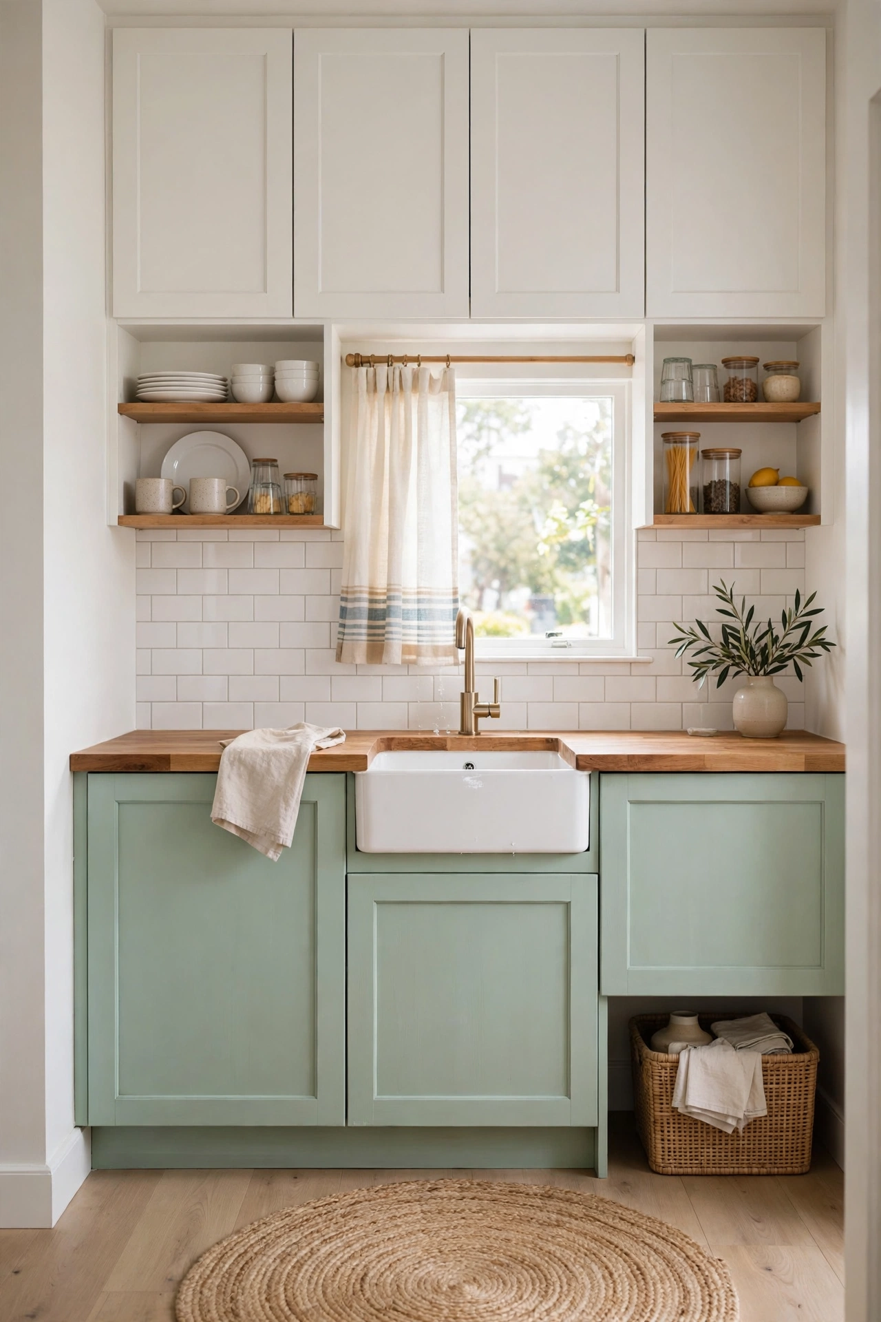 Petite mint green kitchenette with butcher block counters, white farmhouse sink and open shelf.