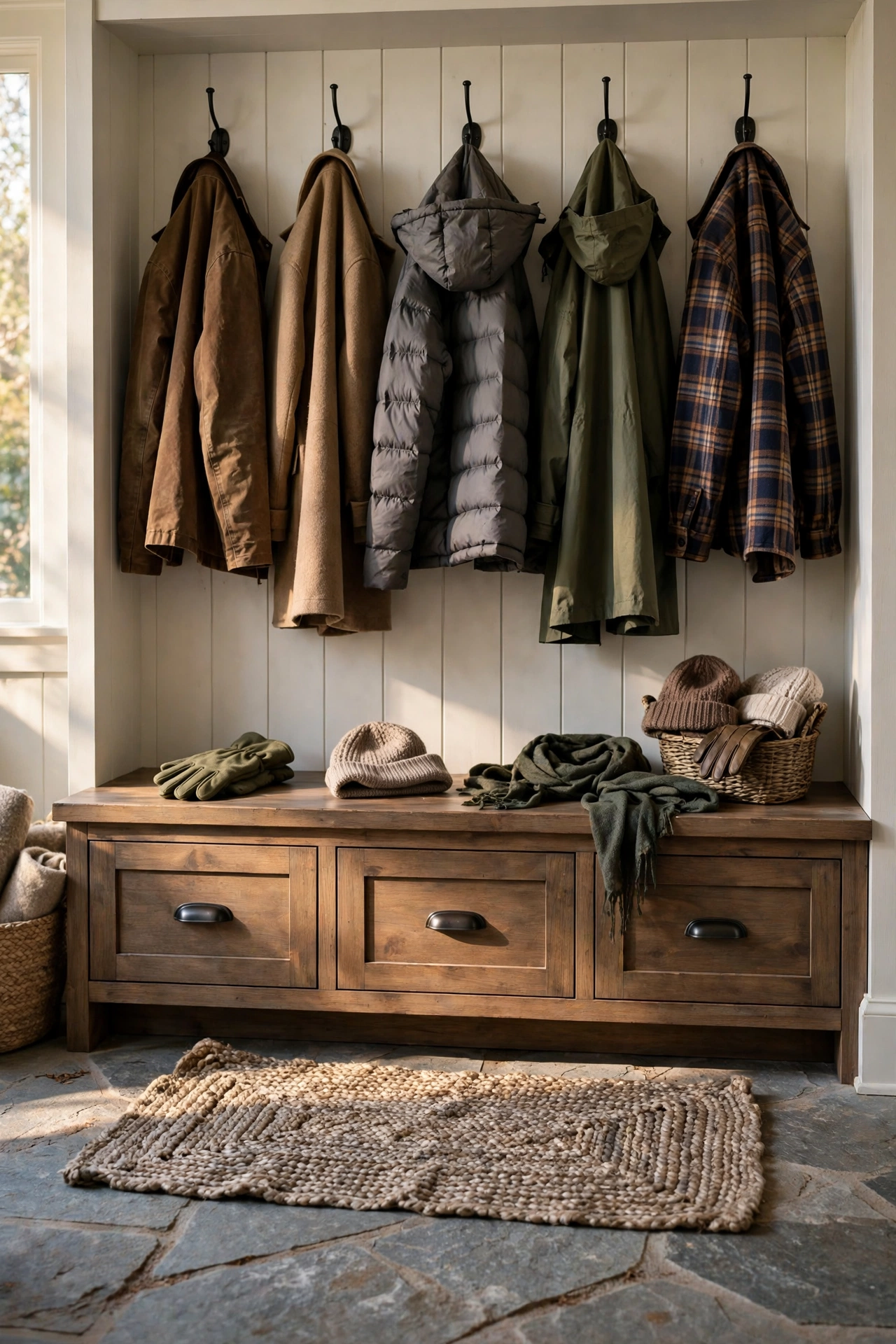 Mudroom bench with deep drawers for gloves and hats, stone tile floor