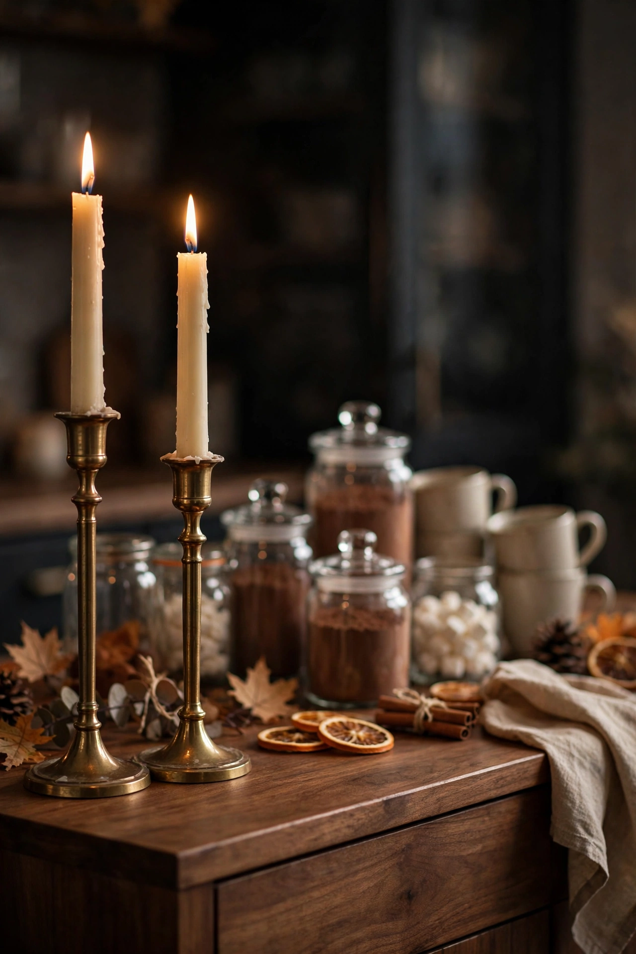 Two brass candlesticks glowing on the end of a wood sideboard coffee bar.