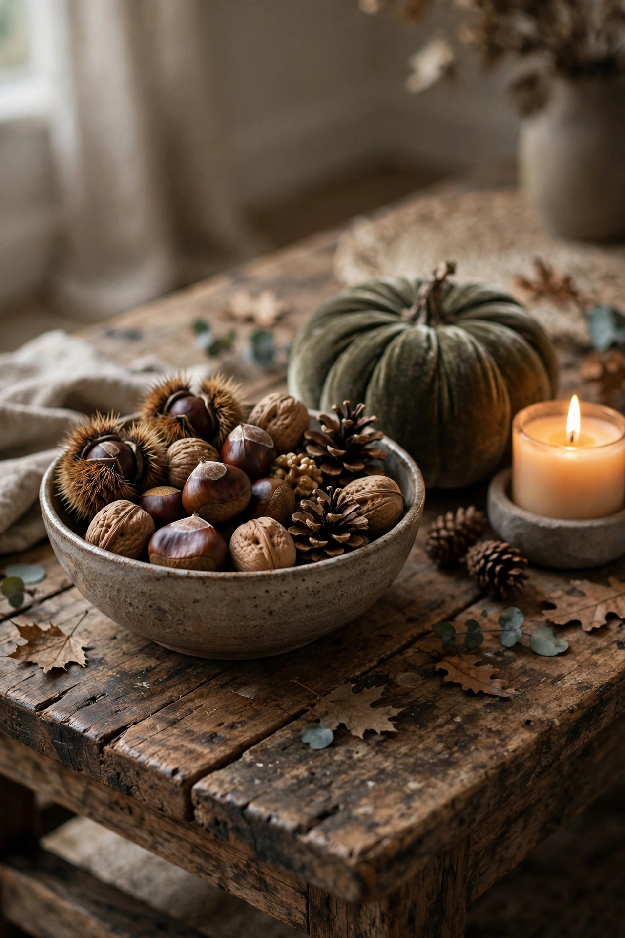 Handmade ceramic bowl filled with chestnuts, pinecones and walnuts on a coffee table.
