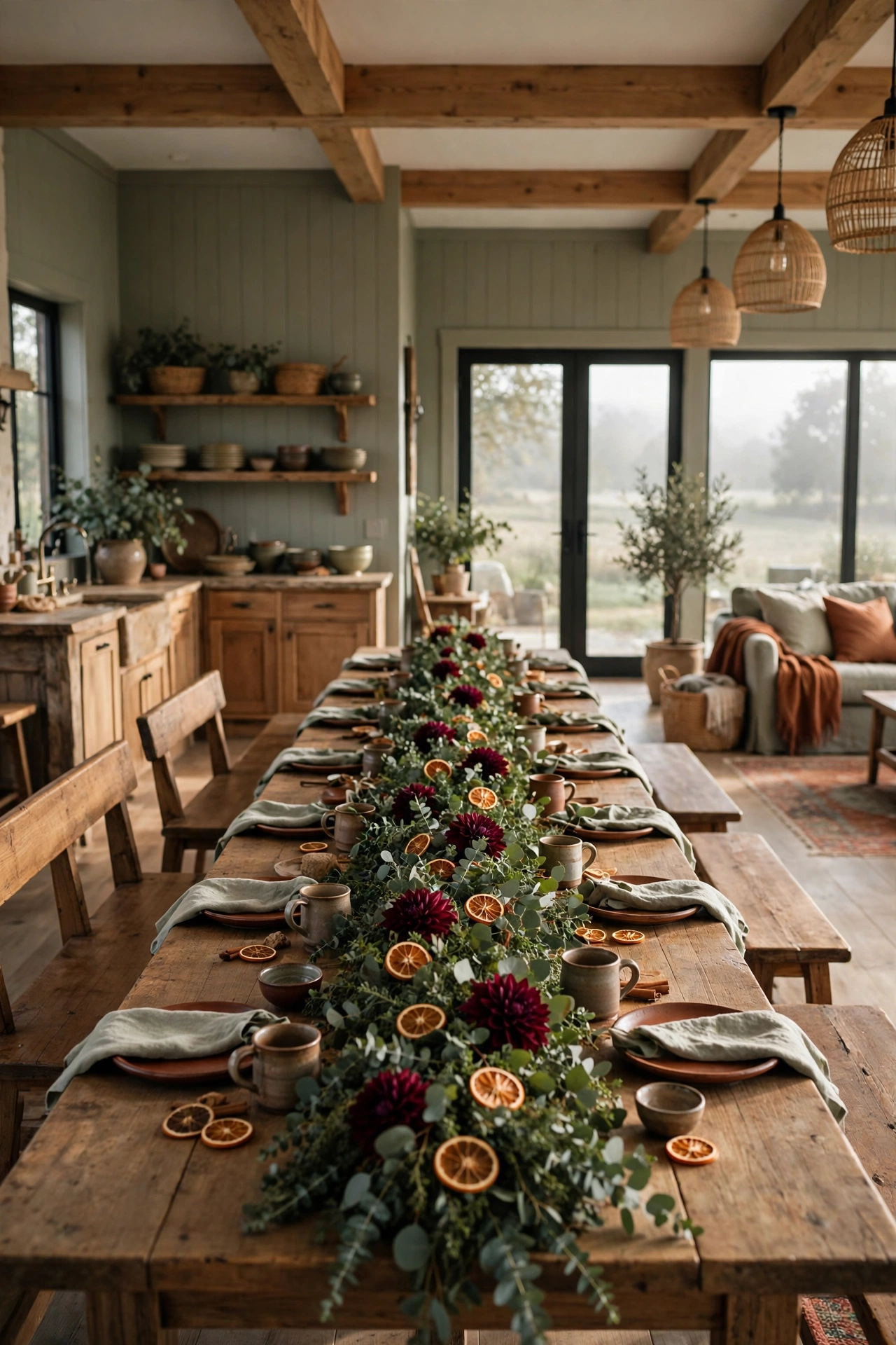 Modern farmhouse dining room with a lush eucalyptus garland running the full length of the Thanksgiving table.