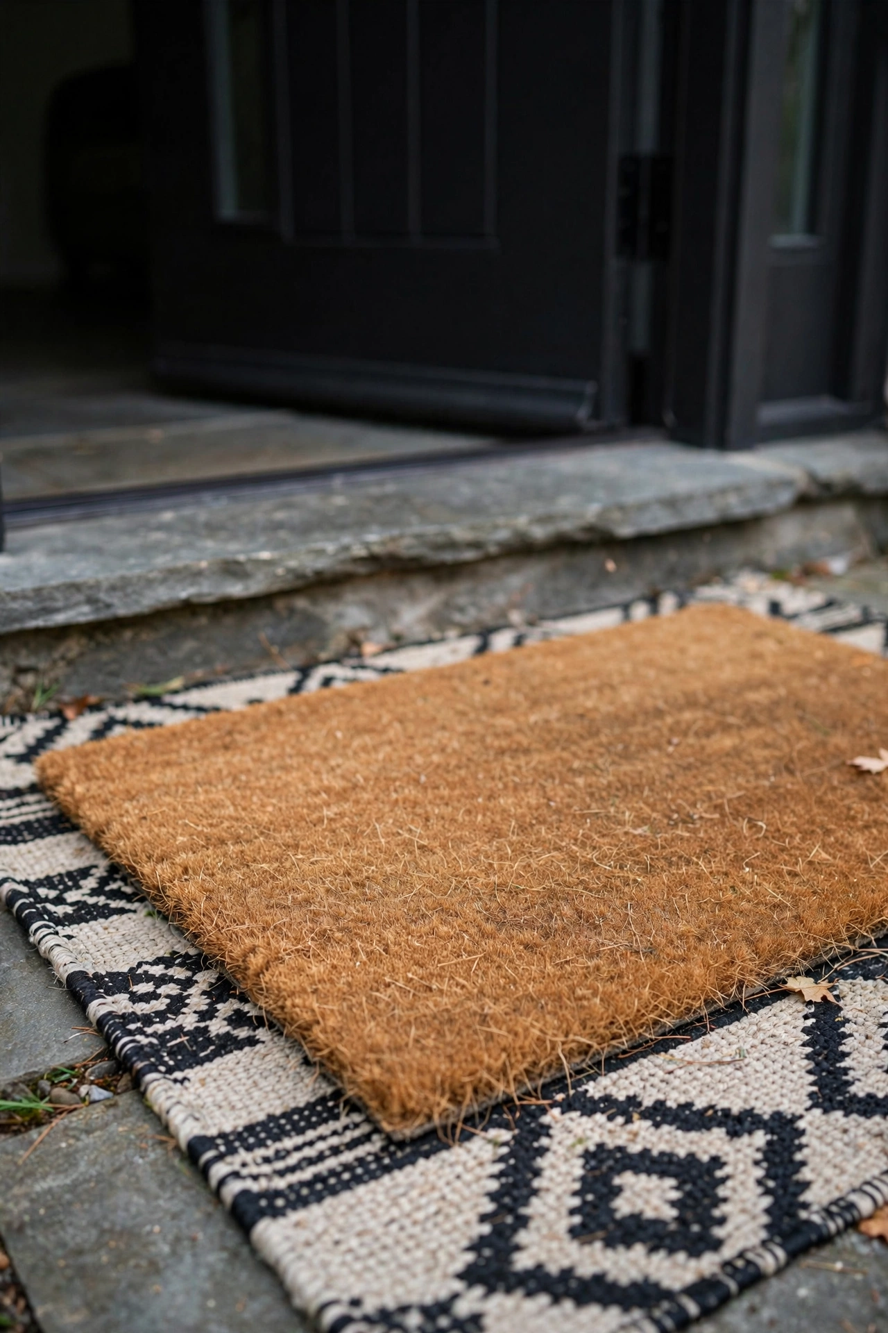 Layered doormat moment at a front door with a black and oatmeal patterned rug under a natural coir mat.