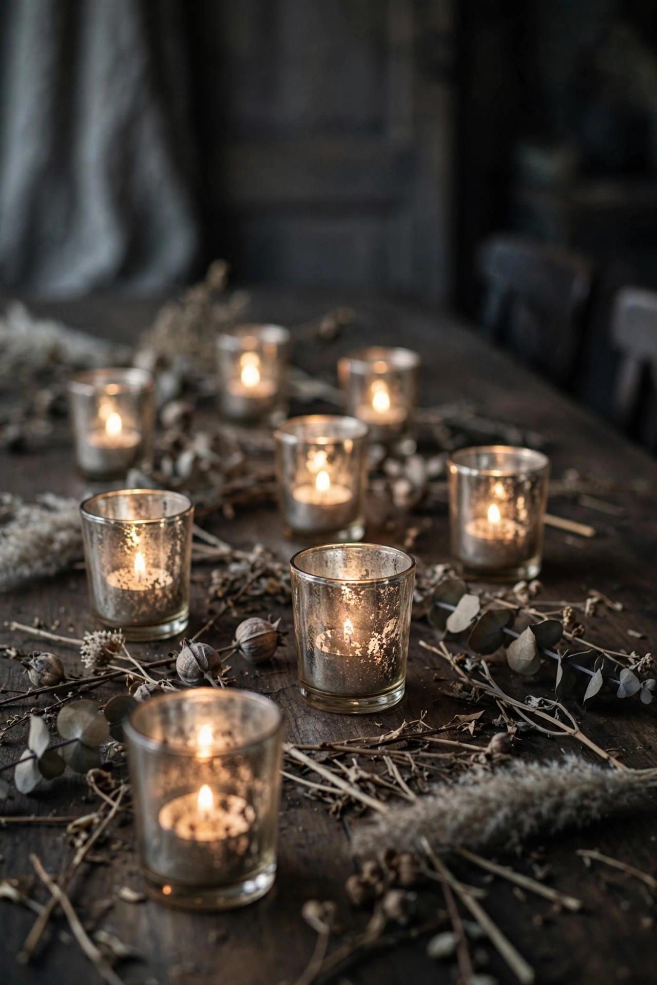 Mercury glass votives scattered down a table runner catching flickering candlelight.