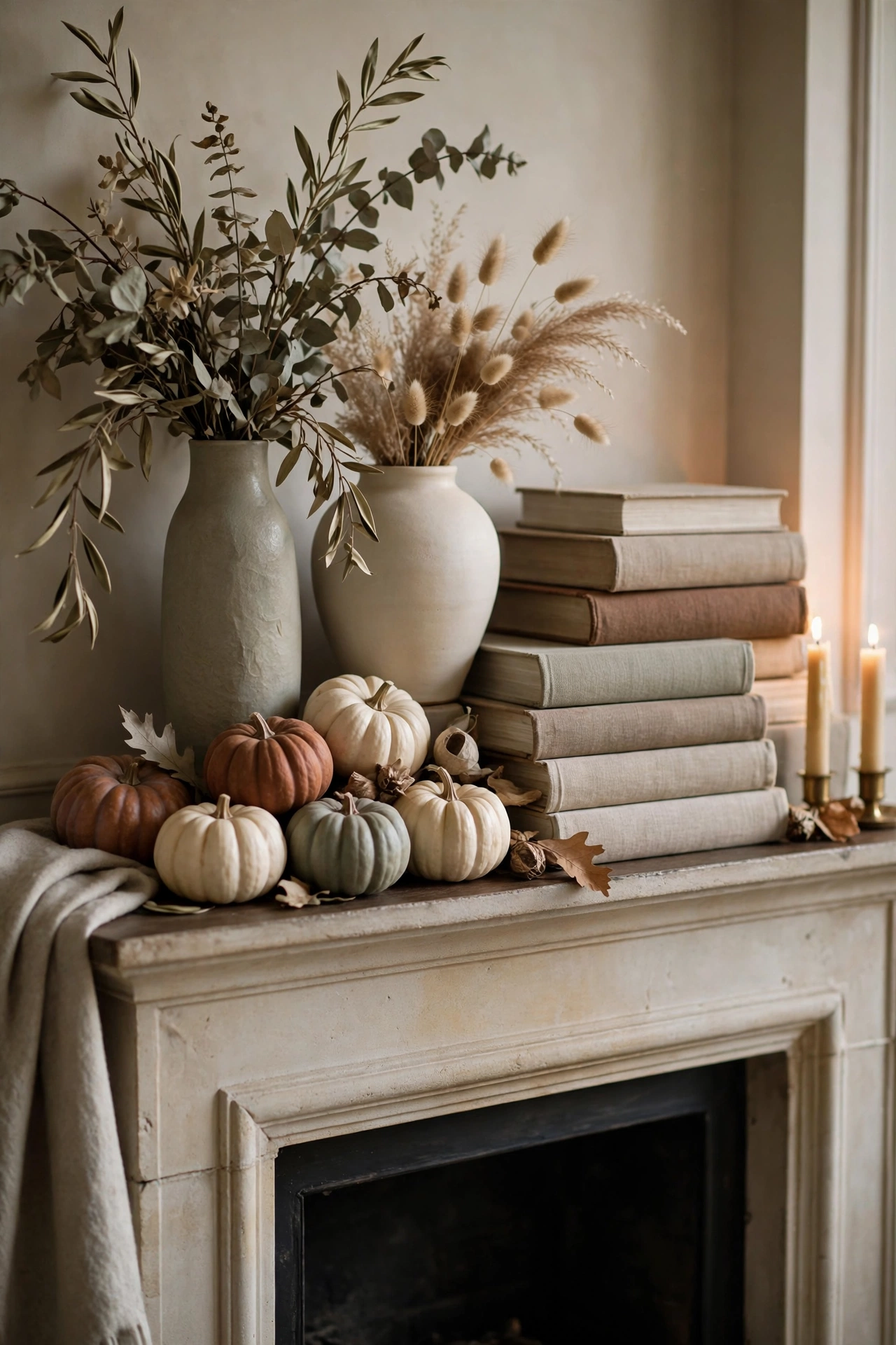 Mini pumpkins in cream, rust and olive tucked between larger decor pieces on a fall mantel.